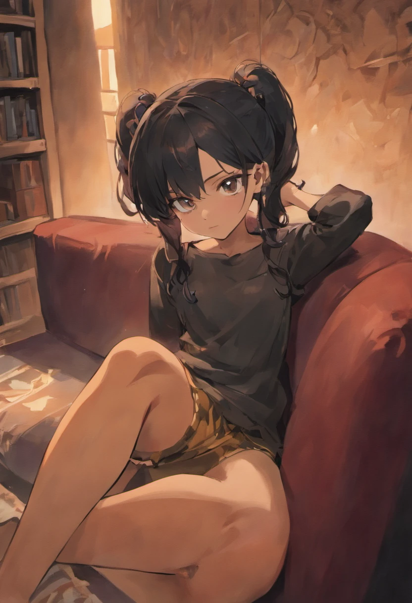 A men, cinnamon color skin, long black hair in a ponytail, slim body, black eyes, beautiful detailed face, black eyes, sitting down on a sofa, relaxed position, living room setting, slim body