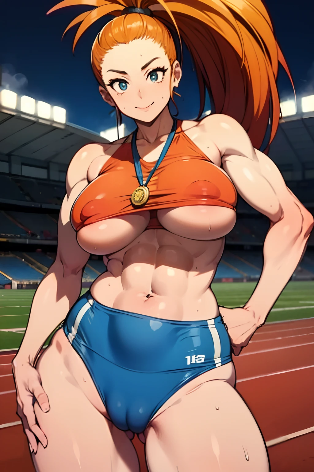 (track and field, Stadium:1.2), (rim lit), (Detailed face:1.1), 1girll, Solo, Smile, Captain Mizuki, one-punch man, A high resolution, Muscular female, Breasts, Orange hair, Upper body, High ponytail, Long hair, medal, Sweat, steams, steamed body, murata yuusuke, Big ass, Big boobs, big thighs, Super tight sporty, Nsfw, micro Thong, POV, micro Blusa strapless, Short blouse, Blouse does not cover boobs