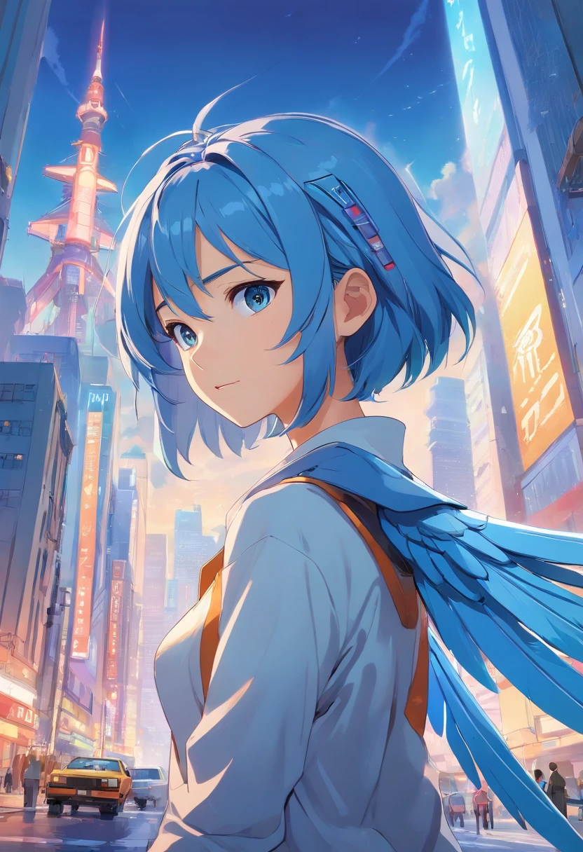 From Side、top-quality、ighly detailed、masterpiece、ultra-detaillier, illustration, ((1girl in))、blue hair、length hair、Floating hair、Exoskeleton tights、mechs、Cyber City、Neon building、(The upper part of the body:1.05)、extremely_Detailed_Eyes_And_Face,cybernetic wings、mechanical wing、Fighting stance、Skyscraper、、mecha musume、
