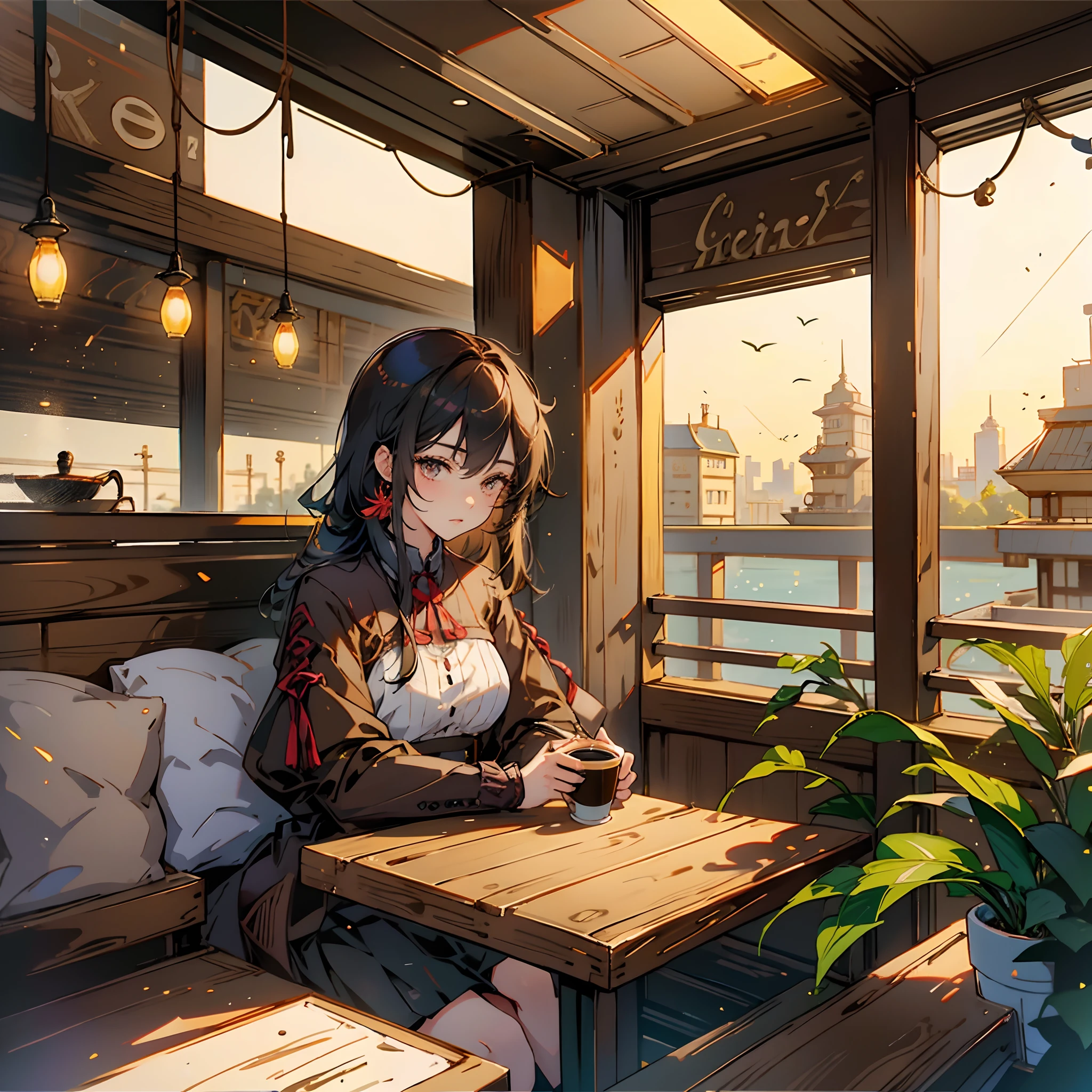 there is a woman sitting at a table in a restaurant, Chisato Nishikigi, lycoris recoil, mysterious coffee shop girl, in a coffee shop, sitting in a cafe alone, sitting in a cafe, sitting alone in a cafe, coffee shop, enjoying coffee at a coffee shop, pleasant cozy atmosphere, mid shot portrait, small hipster coffee shop, on wooden table, looking at the viewer