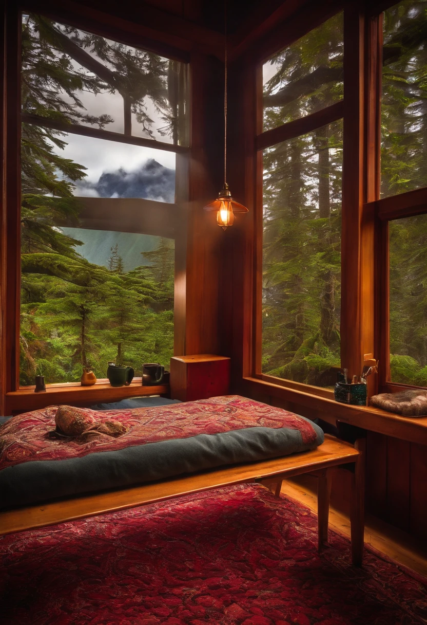 um quarto de madeira em uma cabana de madeira no Alaska