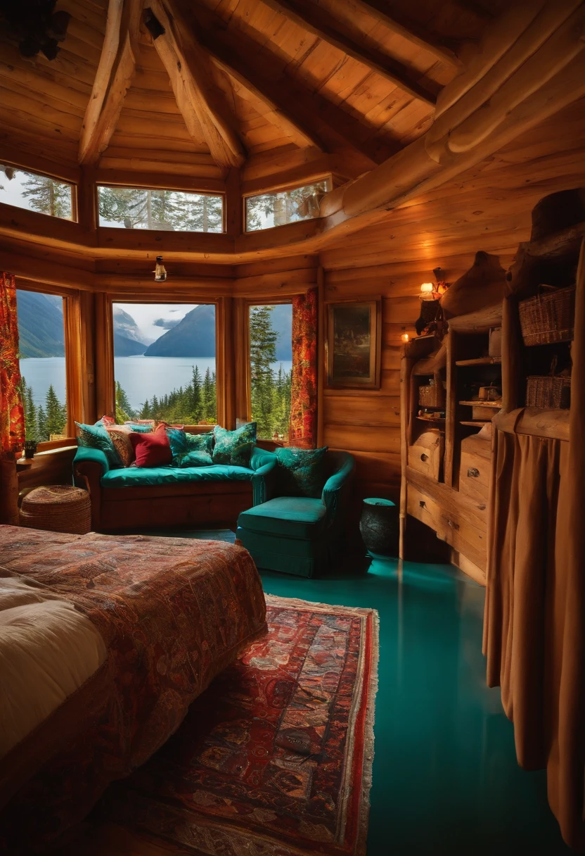um quarto de madeira em uma cabana de madeira no Alaska