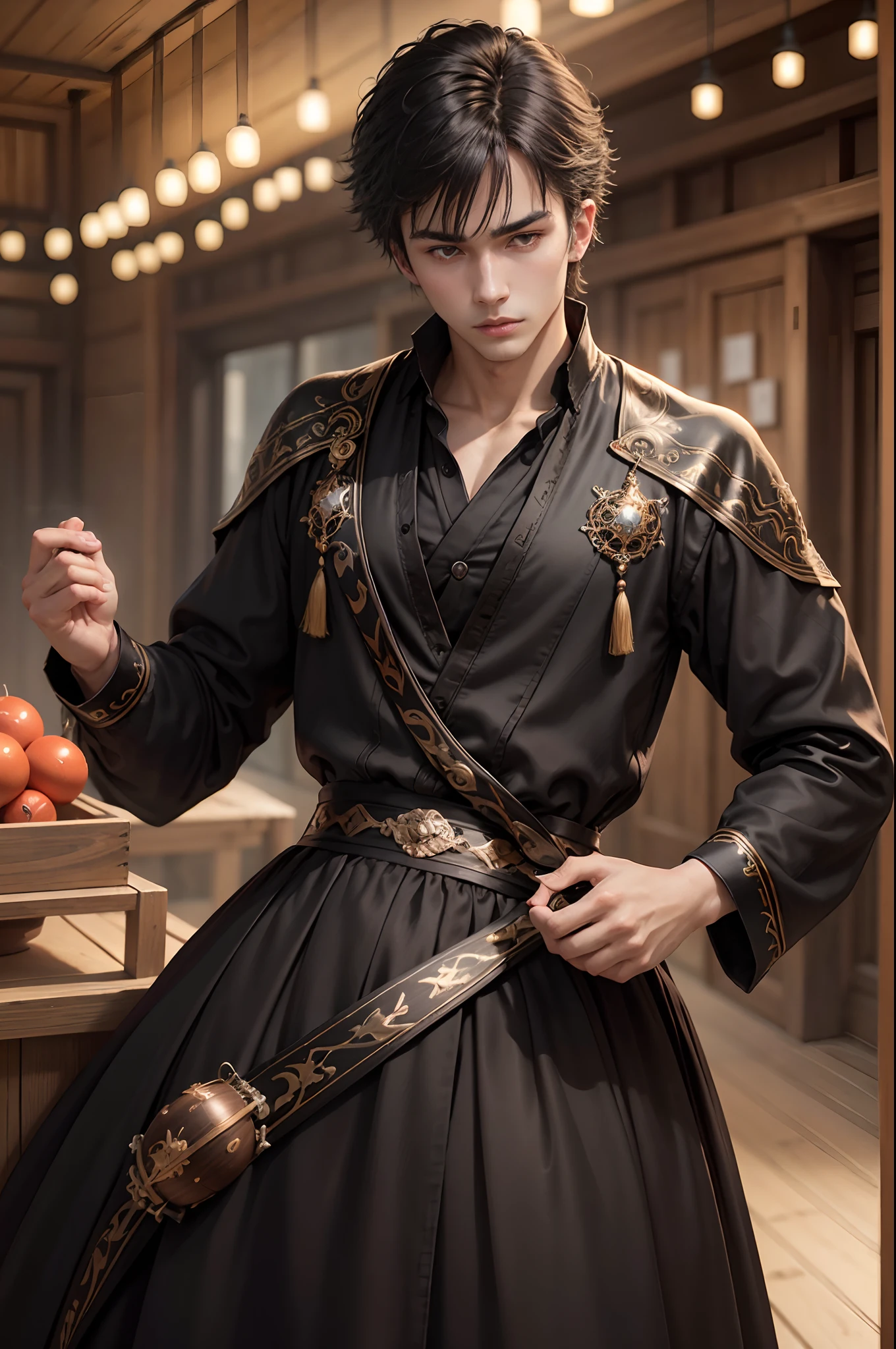 a 20 years-old young man, handsome, ((wearing black noctambulant clothes)), (red silk rope strap to fit the clothes), ((play a small wooden and mechanical ball on hands)), (tiring face expression) , (cold eyes' sight),(bright eyes ),gradient eyes, (real and anime style), cinematic lighting, depth of field, depth of field, depth of field, depth of field, depth of field, ray tracing, reflection light, (cowboy shot), masterpiece, high details, high quality, 1080P, HD, best quality, highres, anatomically correct