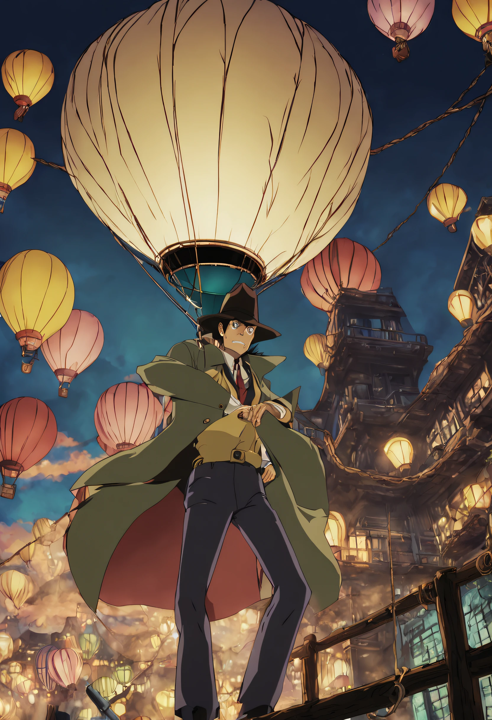 Inspector Zenigata in Lupin III clinging to a rope hanging from a hot air balloon