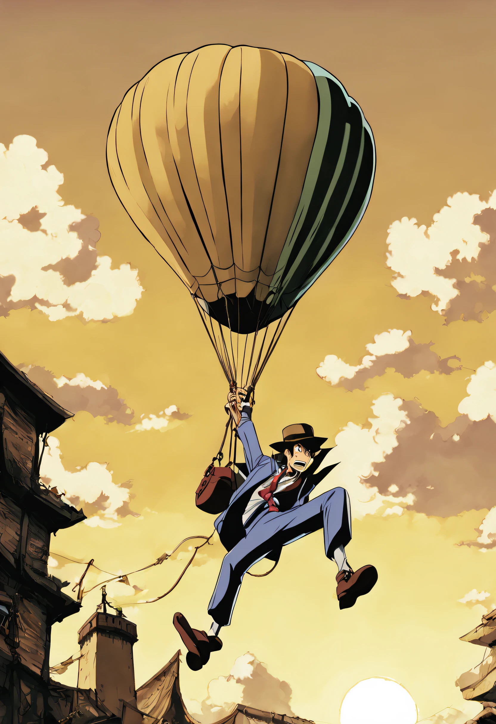 Inspector Zenigata in Lupin III clinging to a rope hanging from a hot air balloon