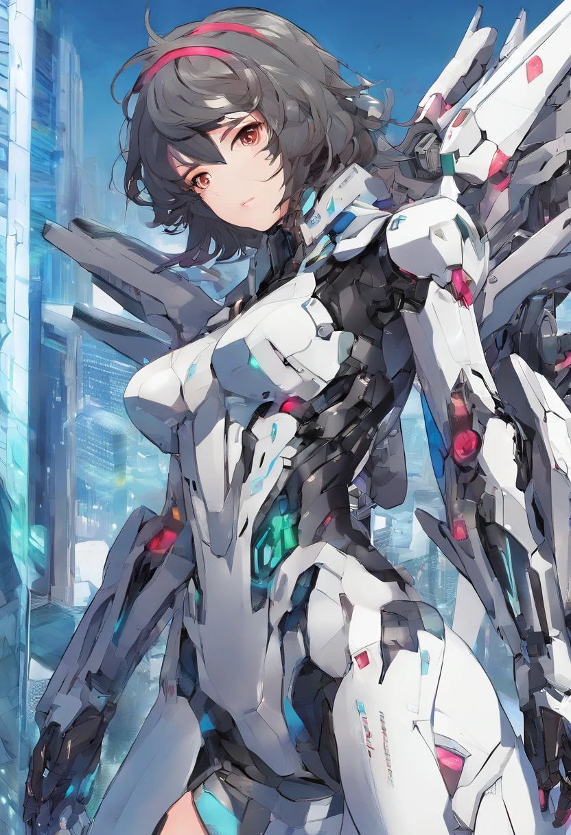 From Side、top-quality、ighly detailed、masterpiece、ultra-detailliert、illustratio、((1girl in))、silber hair、length hair、Floating hair、Exoskeleton tights、mechs、Cyber City、Neon building、(The upper part of the body:1.05)、extremely_Detailed_Eyes_And_Face,cybernetic wings、mechanical wing、Fighting stance、Skyscraper、、mecha musume、
