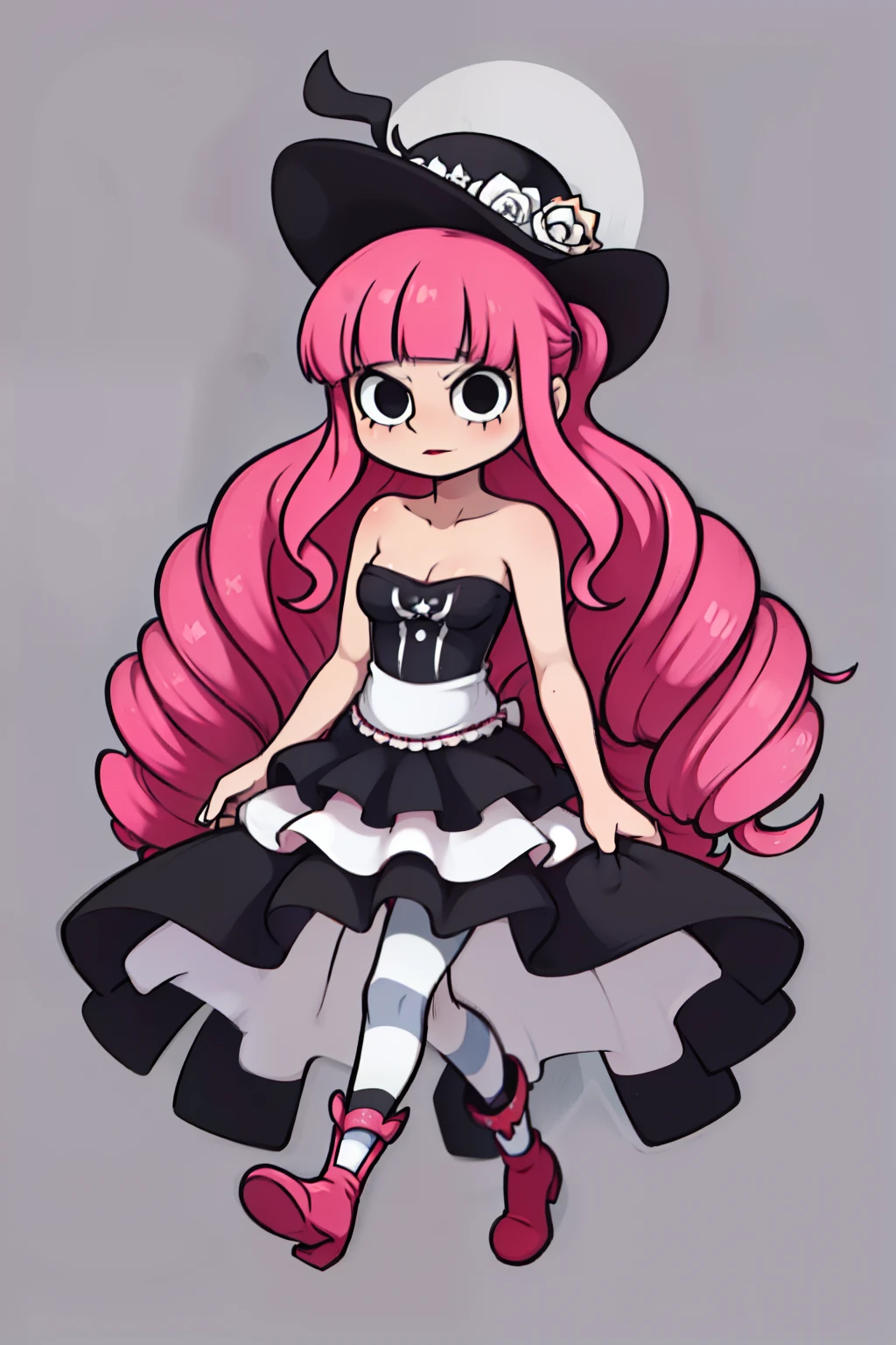 Perona, 1girl, pink hair, black eyes, blunt bangs, drill hair, red lipstick, long pink hair, curly hair, black top hat with white roses, long black and white strapless dress, black frilly dress, (white and black striped stockings), long red boots, perfect anatomy, solo