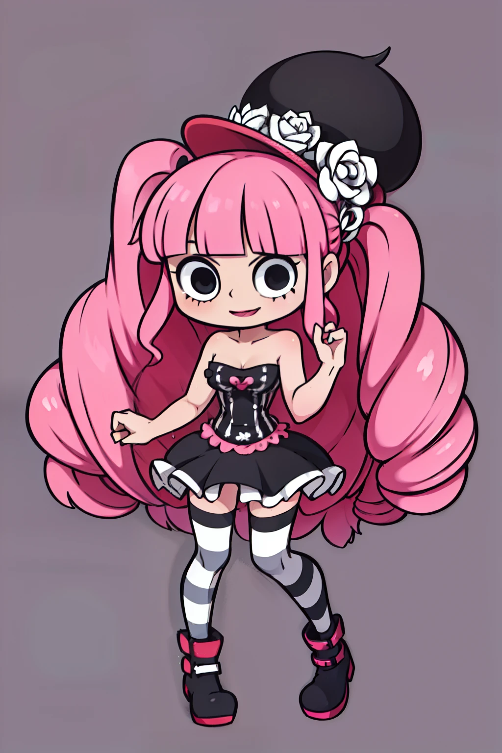 Perona, 1girl, pink hair, black eyes, blunt bangs, drill hair, red lipstick, long pink hair, curly hair, black top hat with white roses, long black and white strapless dress, black frilly dress, (white and black striped stockings), long red boots, perfect anatomy, solo