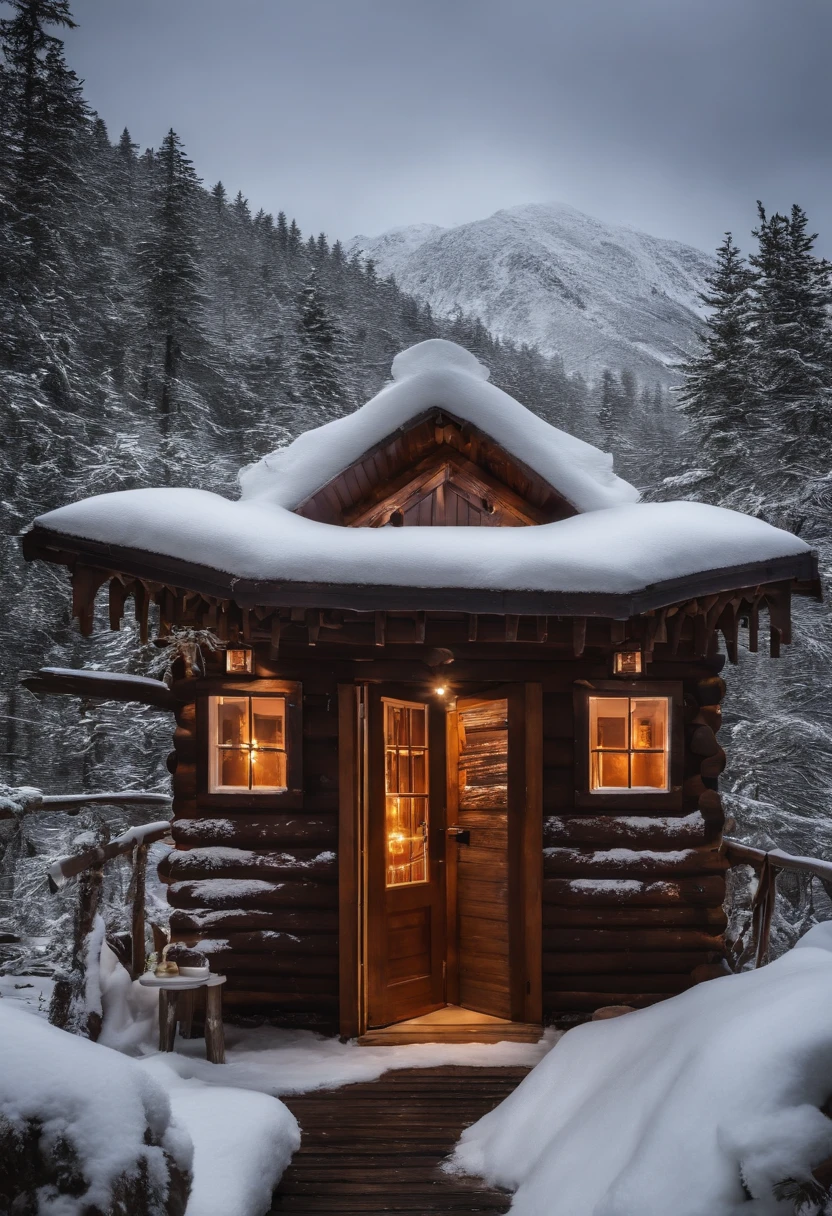 um quarto de madeira em uma cabana de madeira no Alaska,nevando, neve, frio
