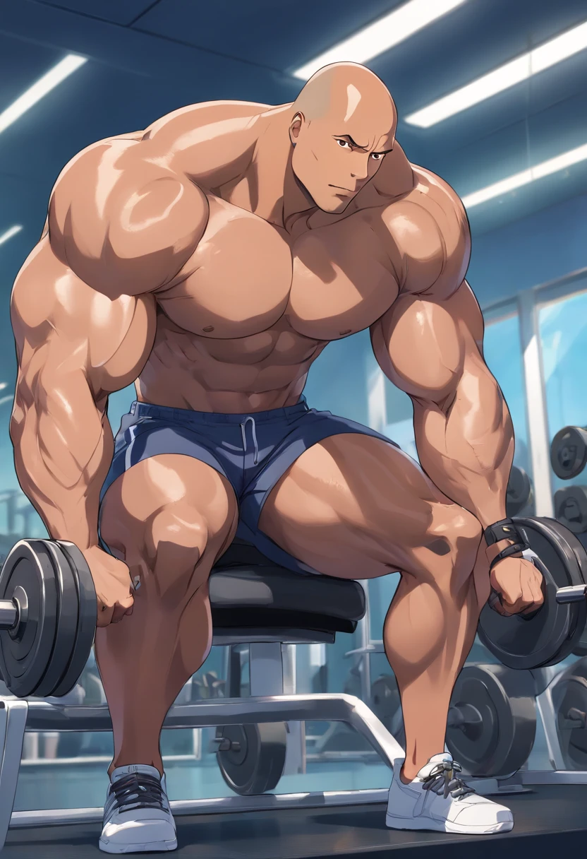 ator dwayne johnson, tanned, Trains in a weight room, Well-defined muscles, Concentration dans les muscles, Detailed biceps and triceps, sans cheveux, visage parfait, Des mains parfaites, Des doigts parfaits, peau mate, An upside-down helmet on the head