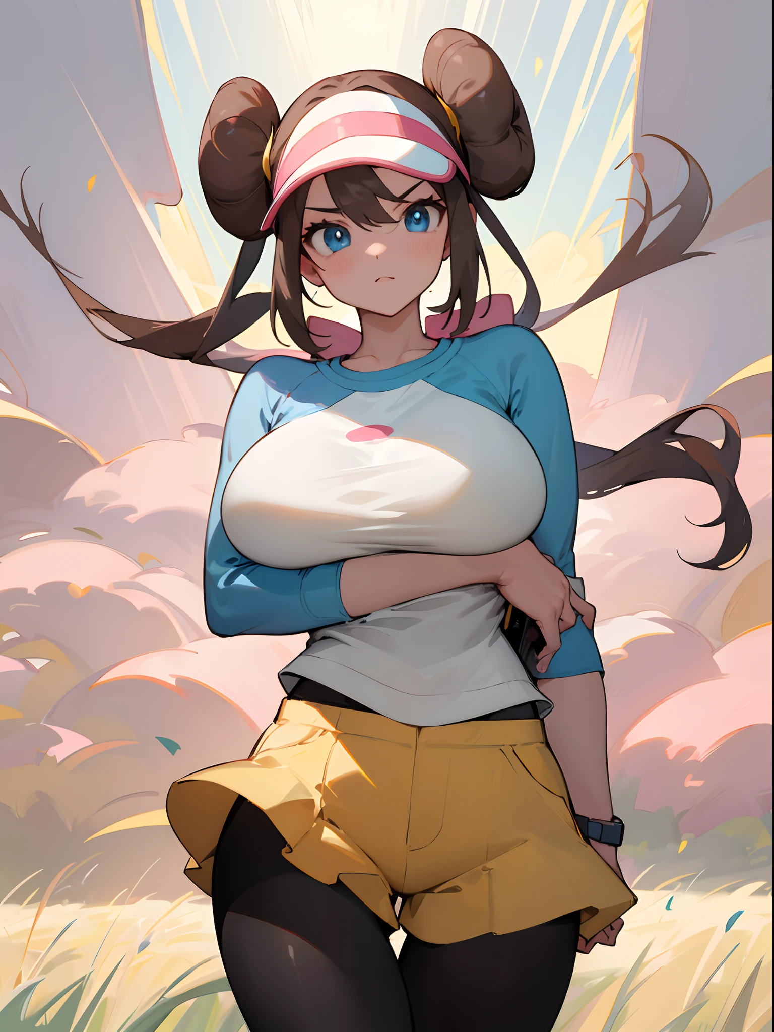 (masterpiece, perfect beautiful face, perfect body proportions, big breasts,)    masterpiece, best quality, highres, ro1, hair bun, blue eyes, twintails, visor cap, pantyhose, raglan sleeves, yellow shorts, shirt, pink bow, wristwatch, standing, cowboy shot, field, poke ball \(basic\), smile