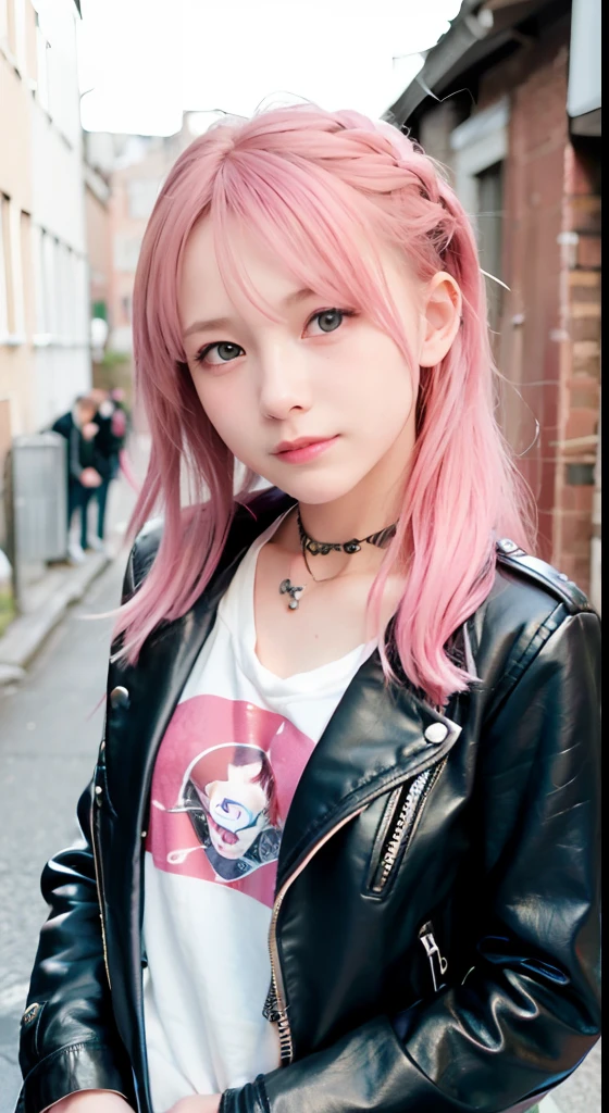 (masutepiece), cute little, (sixteen years old:1.4), Solo, 1 woman, (Charming punk girl), Blue eyes,faces、(A smile:1.5),Playing guitar, (Front face),  (Leather jackets and tattoos), (Band T-shirt), (Ripped jeans), ((Urban alley background)), (up close shot), Beautiful hands, Two hands, normal hands, Two arms, complete hands, Beautiful body, Beautiful fingers, normal fingers, Five Fingers, Five Fingers, (Thumb index finger ring finger), Beautiful ears, normal ears, Beautiful eyes, shiny eyes, Beautiful mouth, Beautiful lips,Medium hair with pink hair, (Pink hair), Ear Hair, small tits, Single braid, (Single braid), (Side braid)