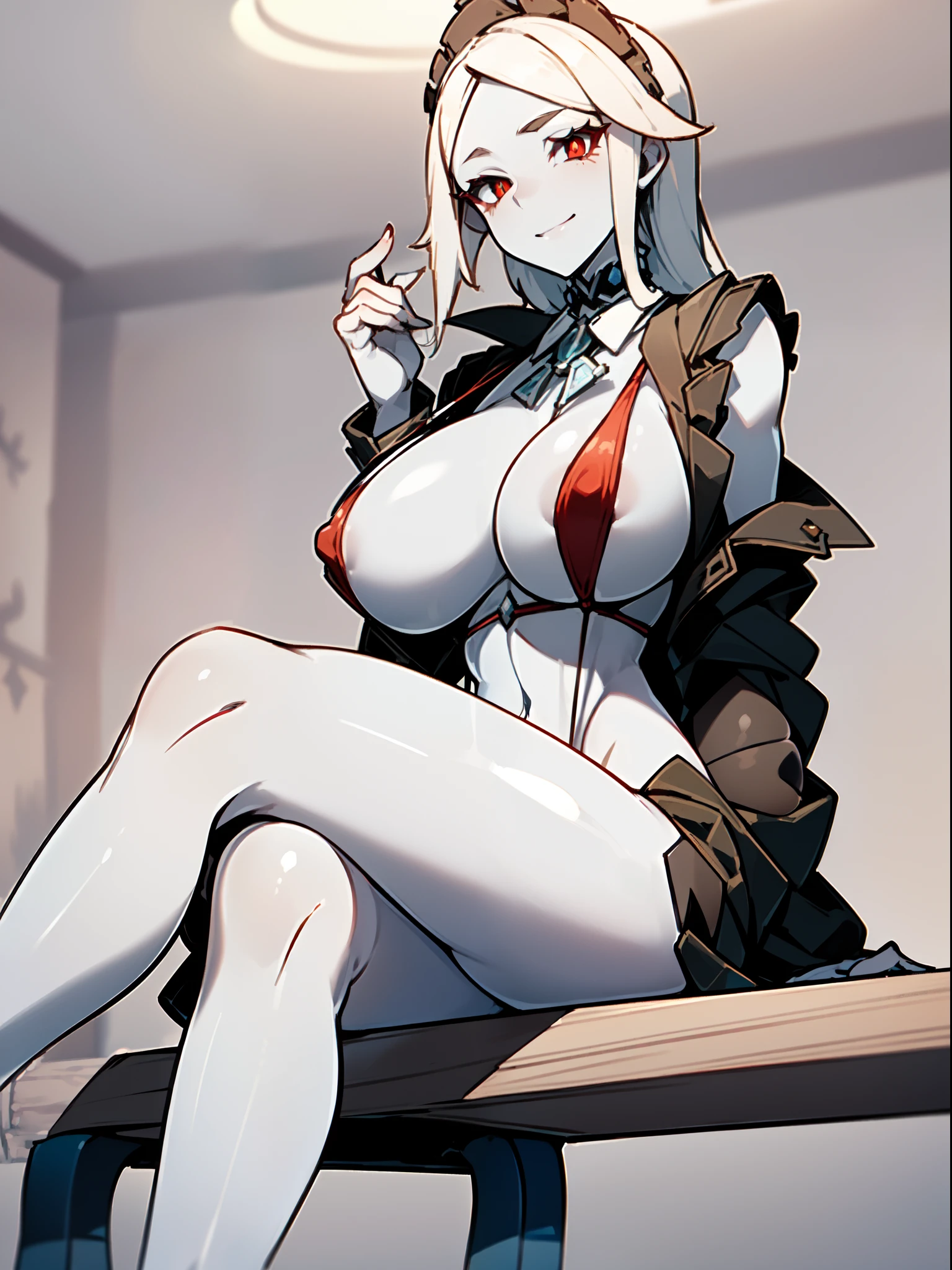 masterpiece, best quality, extremely detailed, 1girl, mature female, solo, (white skin:1.6), yuri alpha, ((gigantic breasts:1.2)), (((white hair, long hair, red eyes, slit pupils))), parted lips, (((corruption, slingshot swimsuit))), evil smile, (closed mouth), ((sitting on bench, cemetery, night))