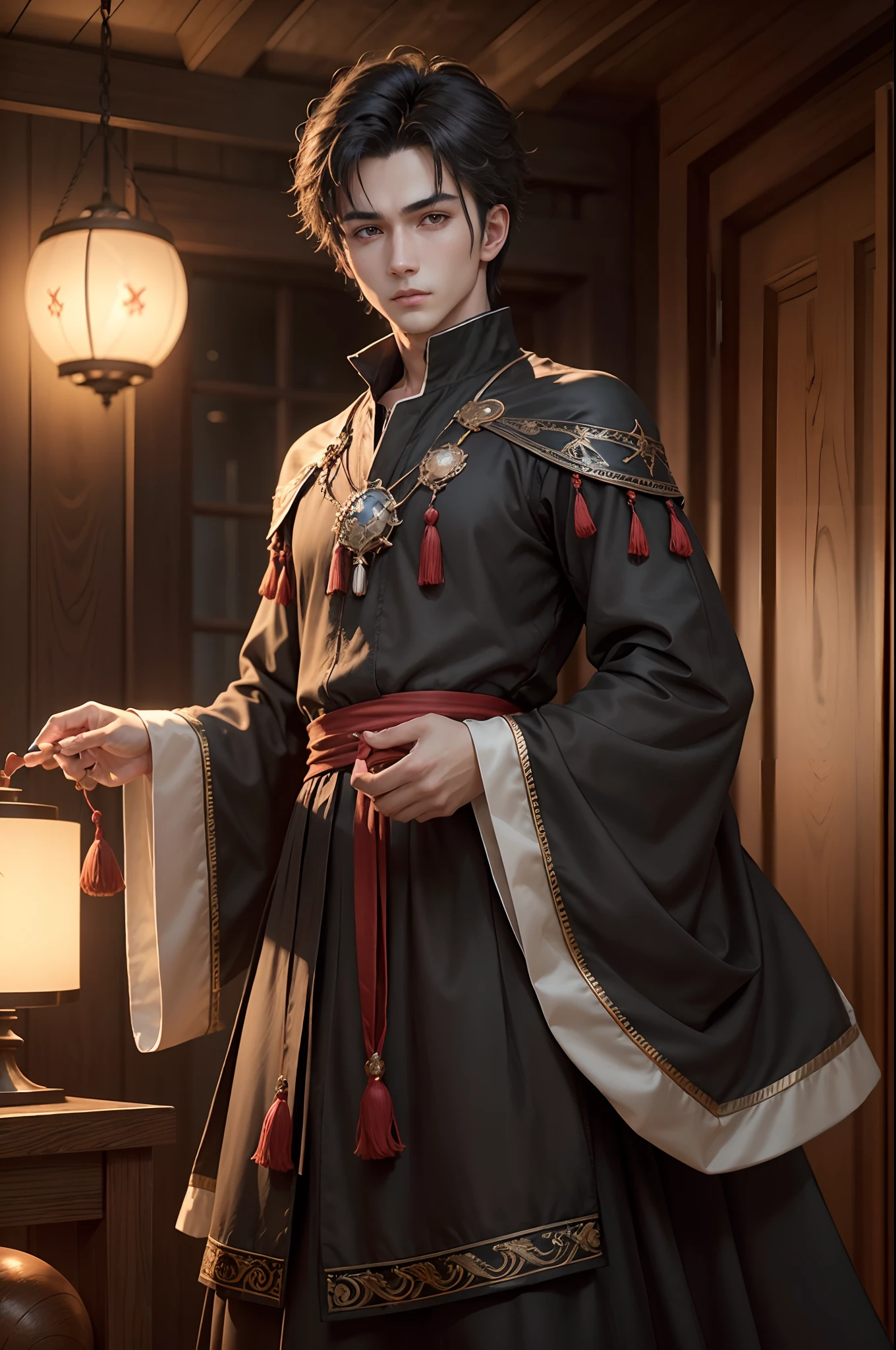 a 20 years-old young man, handsome, ((wearing black noctambulant clothes)), (red silk rope strap to fit the clothes), ((play a small wooden and mechanical ball on hands)), (tiring face expression) , (cold eyes' sight),(bright eyes ),gradient eyes, (real and anime style), cinematic lighting, depth of field, depth of field, depth of field, depth of field, depth of field, ray tracing, reflection light, (cowboy shot), masterpiece, high details, high quality, 1080P, HD, best quality, highres, anatomically correct