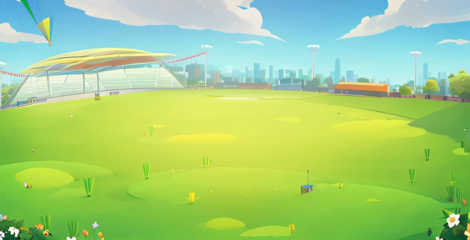 There is a cartoon picture,green floor,The background is the city,Kites flying in the sky, arte de fundo, background artwork, field background, arena background, sunny park background, Park background, grass field surrounding the city,, stadium setting,random background scene,,amazing background, Mobile game background