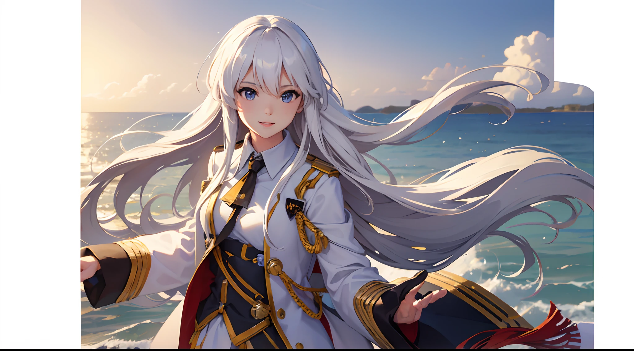 Draw Enterprise with long white luscious hair, on a pier overlooking the sea. (best quality,4k,highres,masterpiece:1.2),ultra-detailed,(realistic:1.37) shading,portrait,azur_lane,female,oneilighting,strong,captivating,sharp focus,vivid colors,physically-based rendering,sea breeze,sandy beach,waves crashing,clear blue sky,bright sunlight,happy expression,confident pose,original soundtrack,peaceful atmosphere