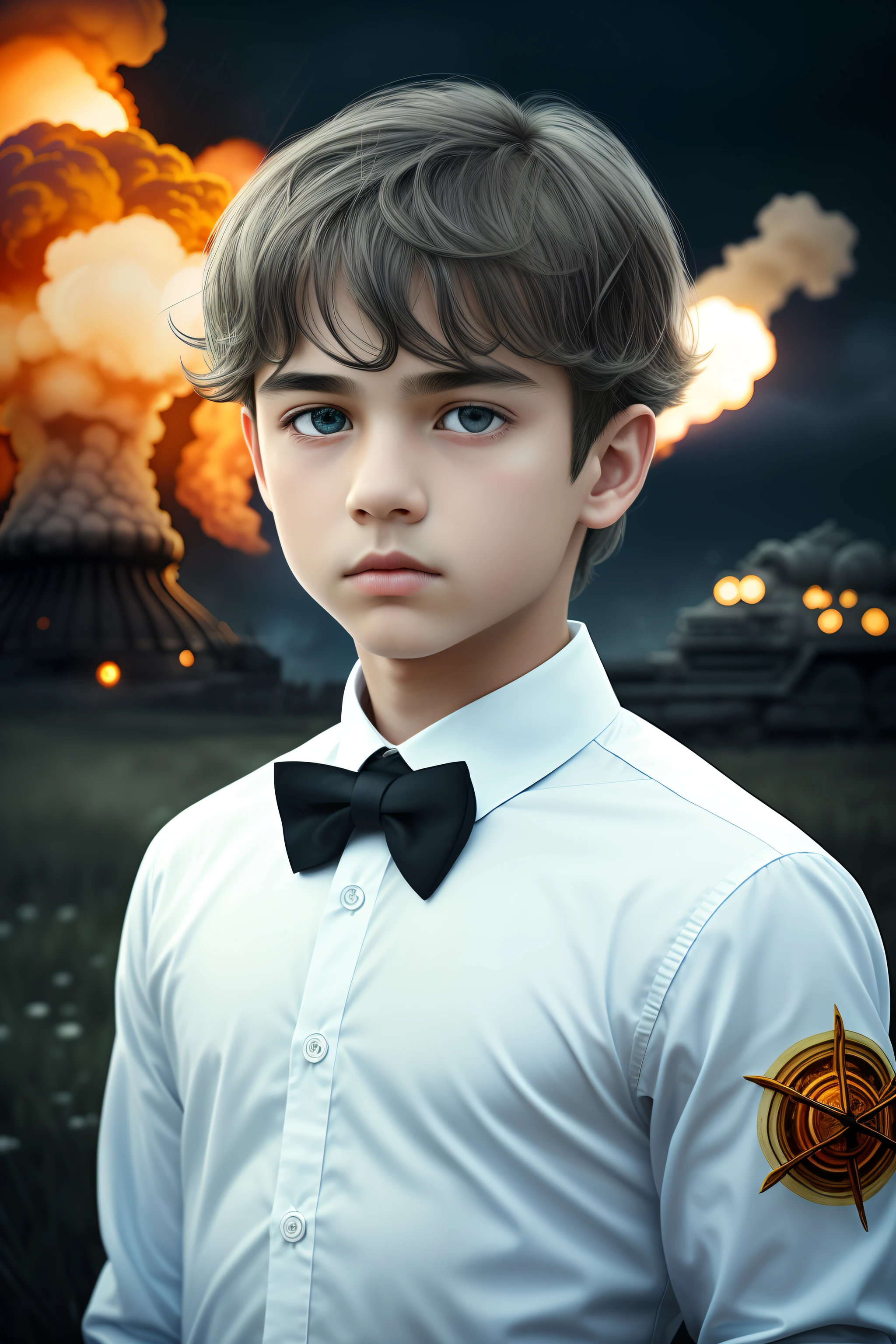 masterpiece,best quality, illustration,{beautiful detailed boy},beautiful detailed glow,(flames of war:1.2),(nuclear explosion behide:1.3),rain,detailed lighting,detailed water,(beautiful detailed eyes:1.1),expressionless,palace,azure hair,disheveled hair,long bangs,hairs between eyes,(whitegrey dress:1.1),black ribbon,white bowties,midriff,big forhead,blank stare,flower,long sleeves