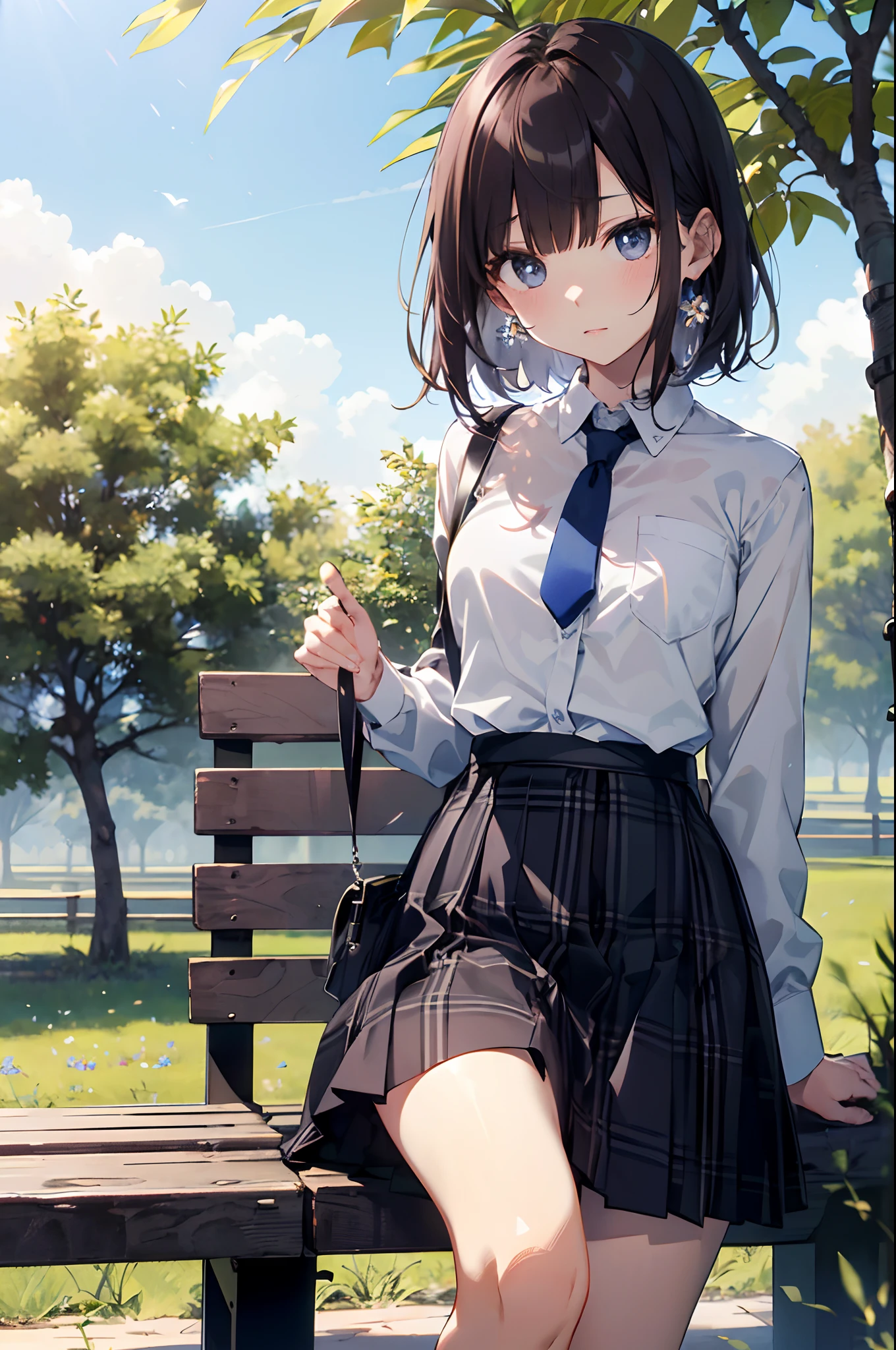 (top-quality、in 8K、32K、masterpiece、nffsw、超A high resolution、Impresionismo、Photorealsitic:1.2)、cowboy shot、foco nítido、detailed faces and eyes、(À la Fed Tree with Purple Flowers in Park with Bench, Breathtakingly beautiful tree々, Breathtaking - beautiful tree々々taking photo, Weeping willow and flowers, inspired by Matsumura Goshun, by Ikuo Hirayama, by Takeharu Matsumura, Magic Tree, by Kaii Higashiyama, Beautiful trees, very magical and dreamy)、Sharp pupils、Realistic pupils、beauitful face、18 year old beautiful girl、shinny skin、Bery short hair、Beautiful dark brown hair、Blunt bangs、Dark blue eyes、Shirt、neck tie、Plaid miniskirt、Black socks、(Have a skirt、Lifting skirt、I can see the white panties:1.3)、(Embarrassed look:1.2)、Mel Kishida