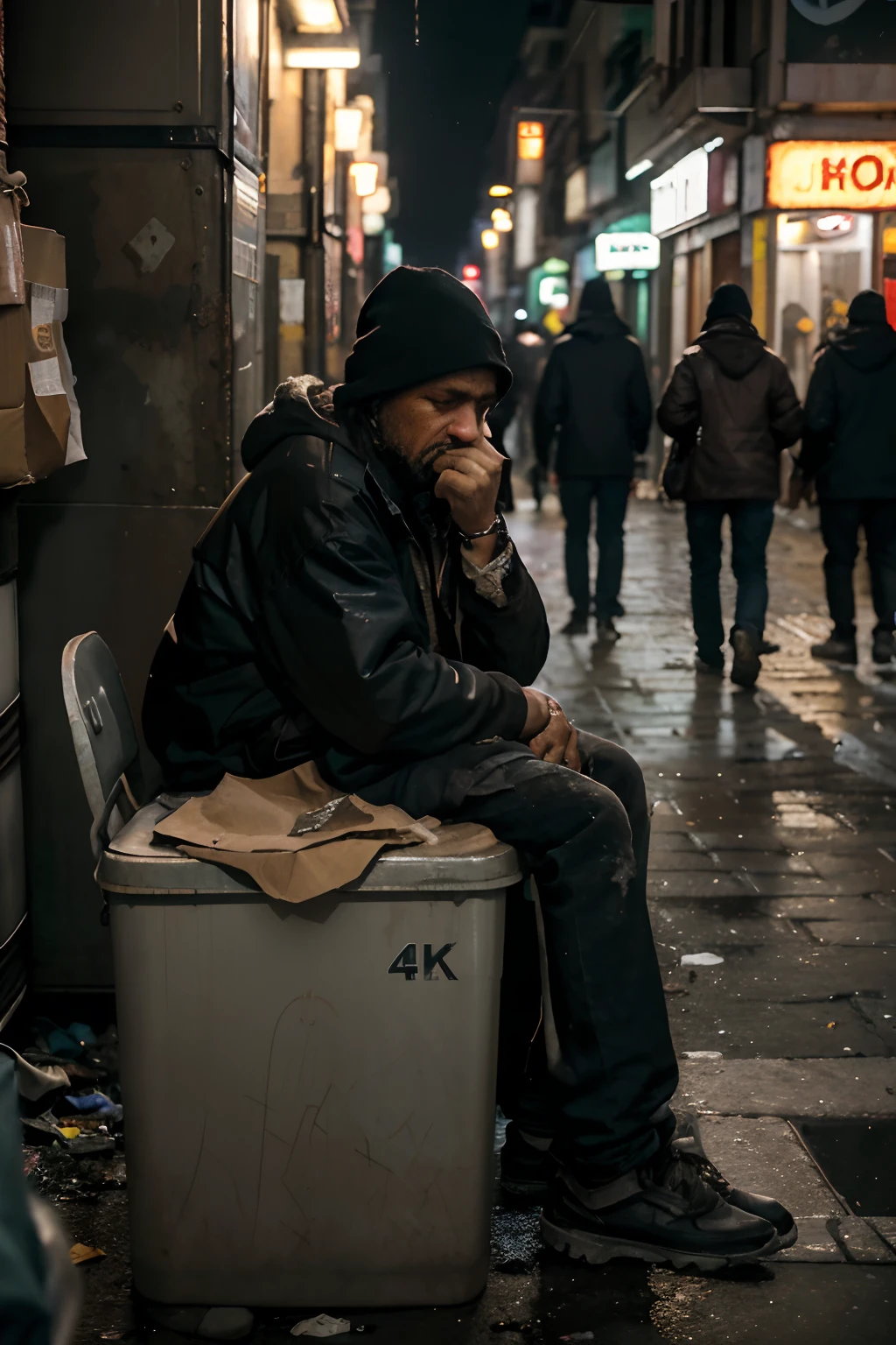 (best quality,4k,8k,high resolution,masterpiece:1.2),ultra-detailed,(realistic,photorealistic,photorealistic:1.37),lonely man,city streets,dark alley,empty cardboard boxes,cold weather,rainy night , sad expression, ragged clothes, trembling from the cold, desperation in the eyes, backpack with all his belongings, unshaven face, dirty hands, extreme poverty, abandoned buildings, crowded and noisy city, brightly lit neon signs, people passes without realizing it, looking for food in garbage cans, despair and despair, contrast between wealth and poverty, social inequality, invisible in society, sleeping on a bench, covered with cardboard, waiting for a ray of light.