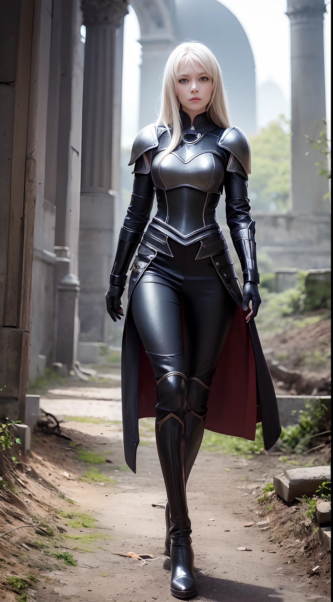 Pretty women, a woman in armor,Solo,Ukrainian,Black Armor,high heels boots,Full body portrait,Woman knight,Slender body,Perfect face and nice perfect face, Surreal concept, 8K resolution, photographic quality, Walk through the ruins, Photorealistic