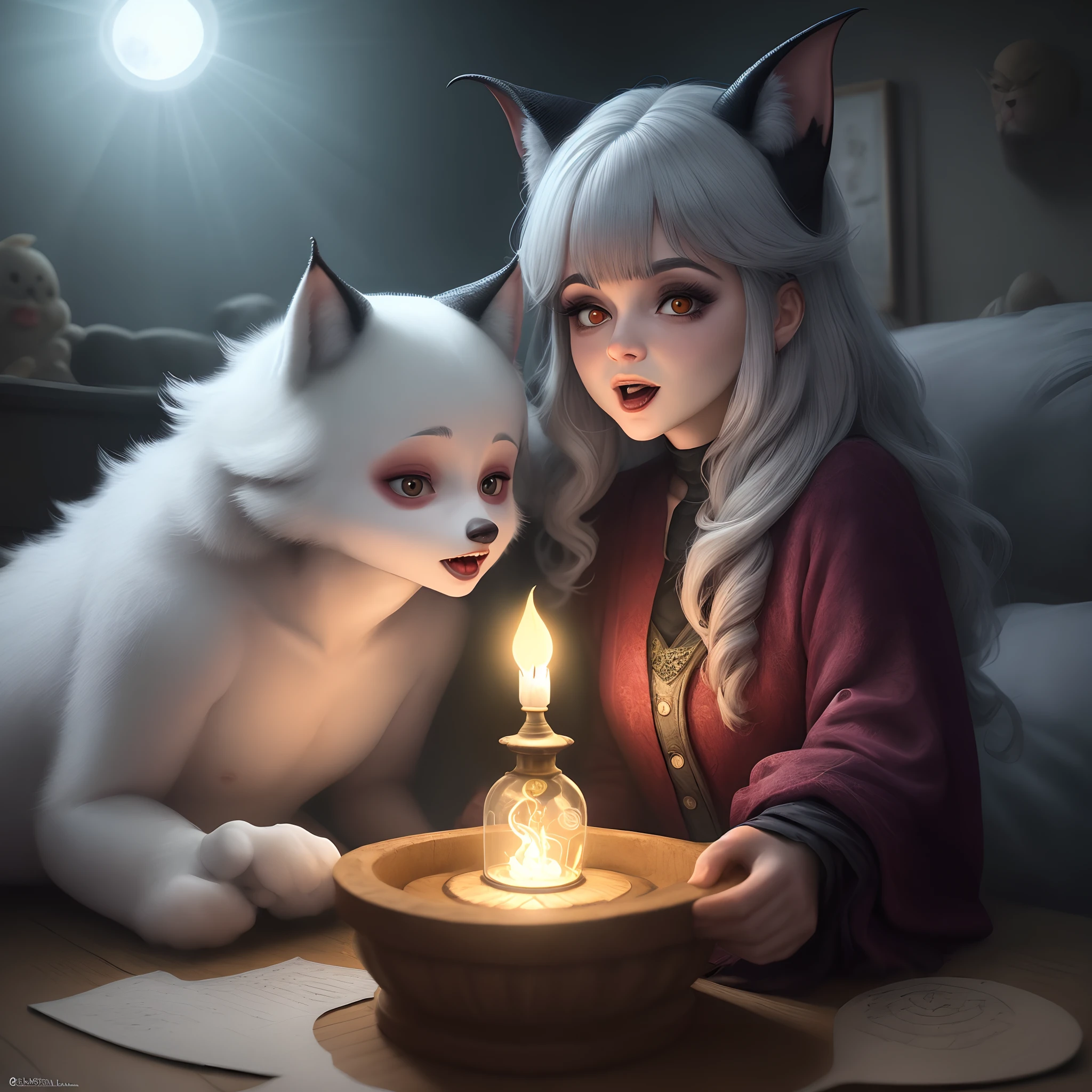 Desenhar lobisomem lutando contra vampiro a luz da lua.