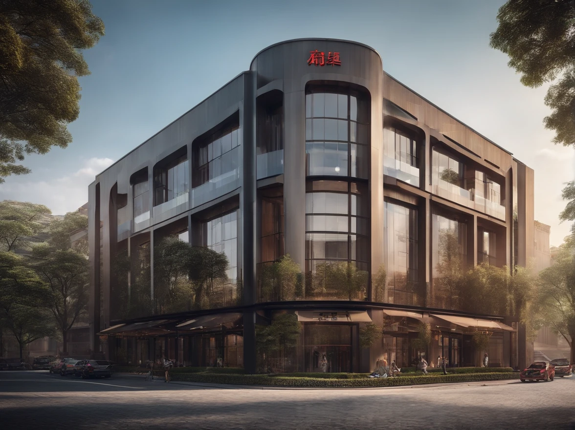 A two-story commercial building located in China,Fully realistic photography photo style,Simulating sunny days,Precise light and shadow,The building is located in the center of the image,