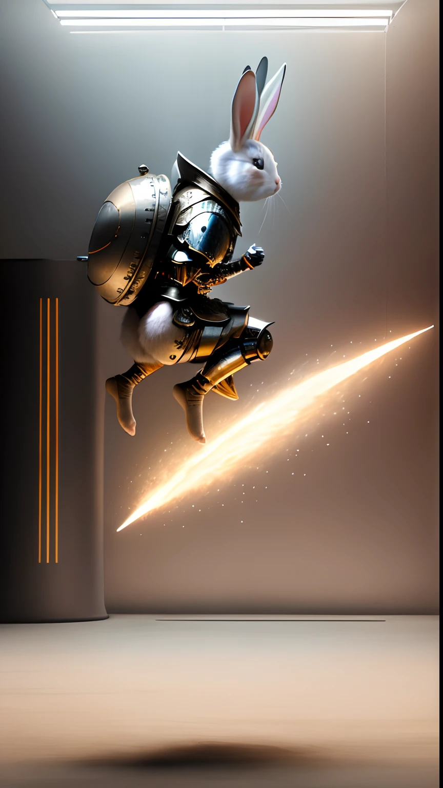 Animalrizz ((rabbit)) 10, masterpiece, highres, Absurd,photorealistic portrait, Parley_armature, Rabbits in armor ,Wear Parley_armature, Massive futuristic armor, running, move, Rocket propulsion,((from the side))