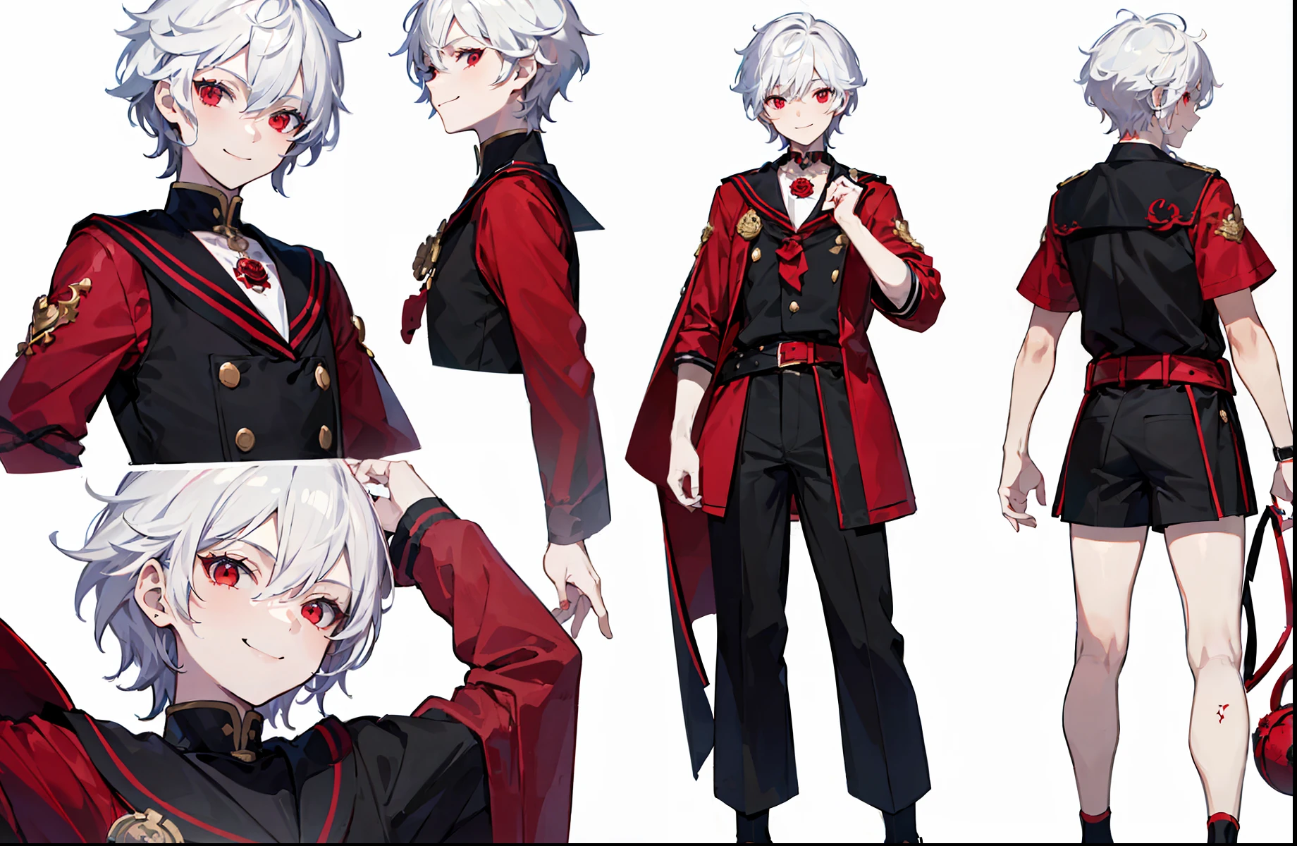 ((masterpiece)),(((best quality))),(character design sheet,same character,front,side,back), Reference sheet of a cute boy, short white hair, red eyes, smiling, black sailor outfit with short shorts, red rose as accessory, detailed face, detailed hair, (simple background, white background: 1.3)