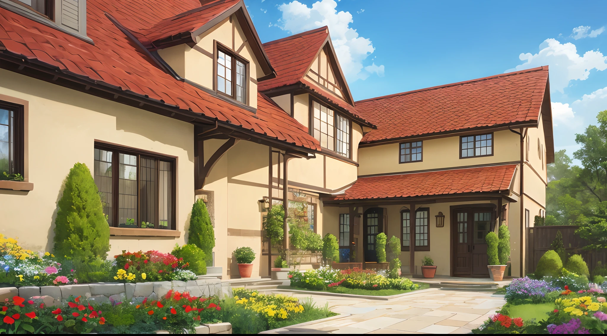 perspective, House, transitional style, light yellow walls, reddish brown stone cladding, red tile roof, white gutters, sunny flower garden landscape, small ornamental plants and flowers in the yard, gray windows --auto