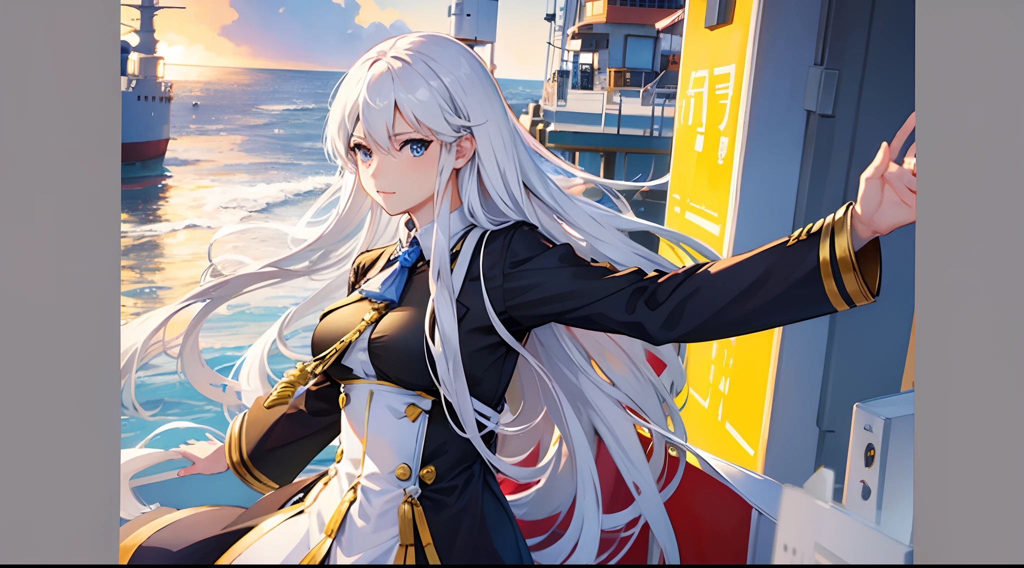 Draw Enterprise from Azur Lane with long white luscious hair, on a pier while looking out to the sea. Image in high quality, realistic shading, and png quality