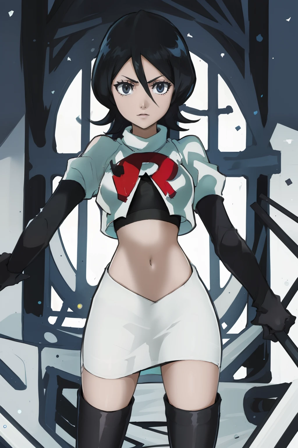 Rukia, team rocket uniform, white jacket, white skirt, pencil skirt, miniskirt, black thighhigh boots, black elbow gloves, midriff, red letter "R"