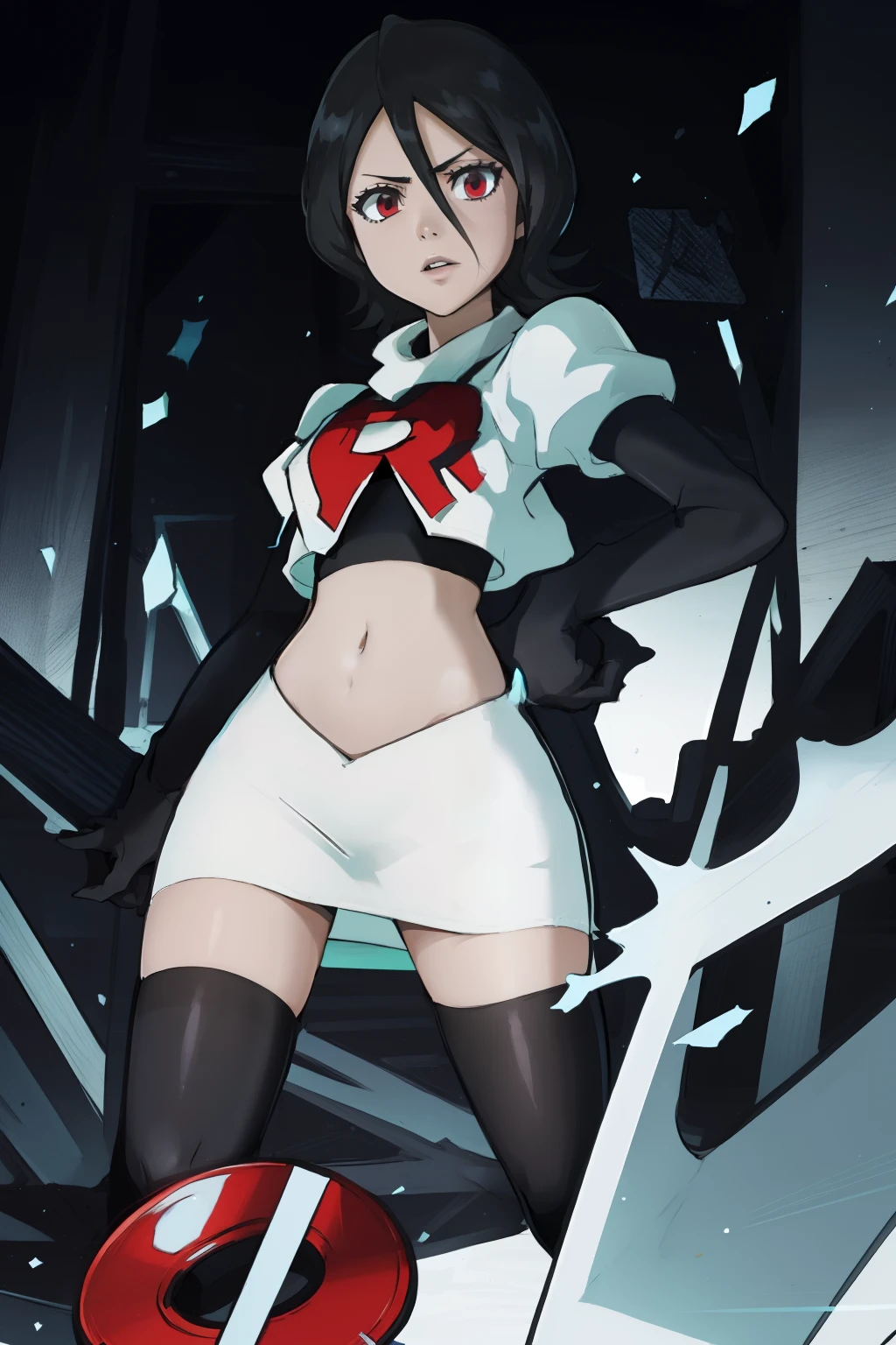 Rukia, team rocket uniform, white jacket, white skirt, pencil skirt, miniskirt, black thighhigh boots, black elbow gloves, midriff, red letter "R"