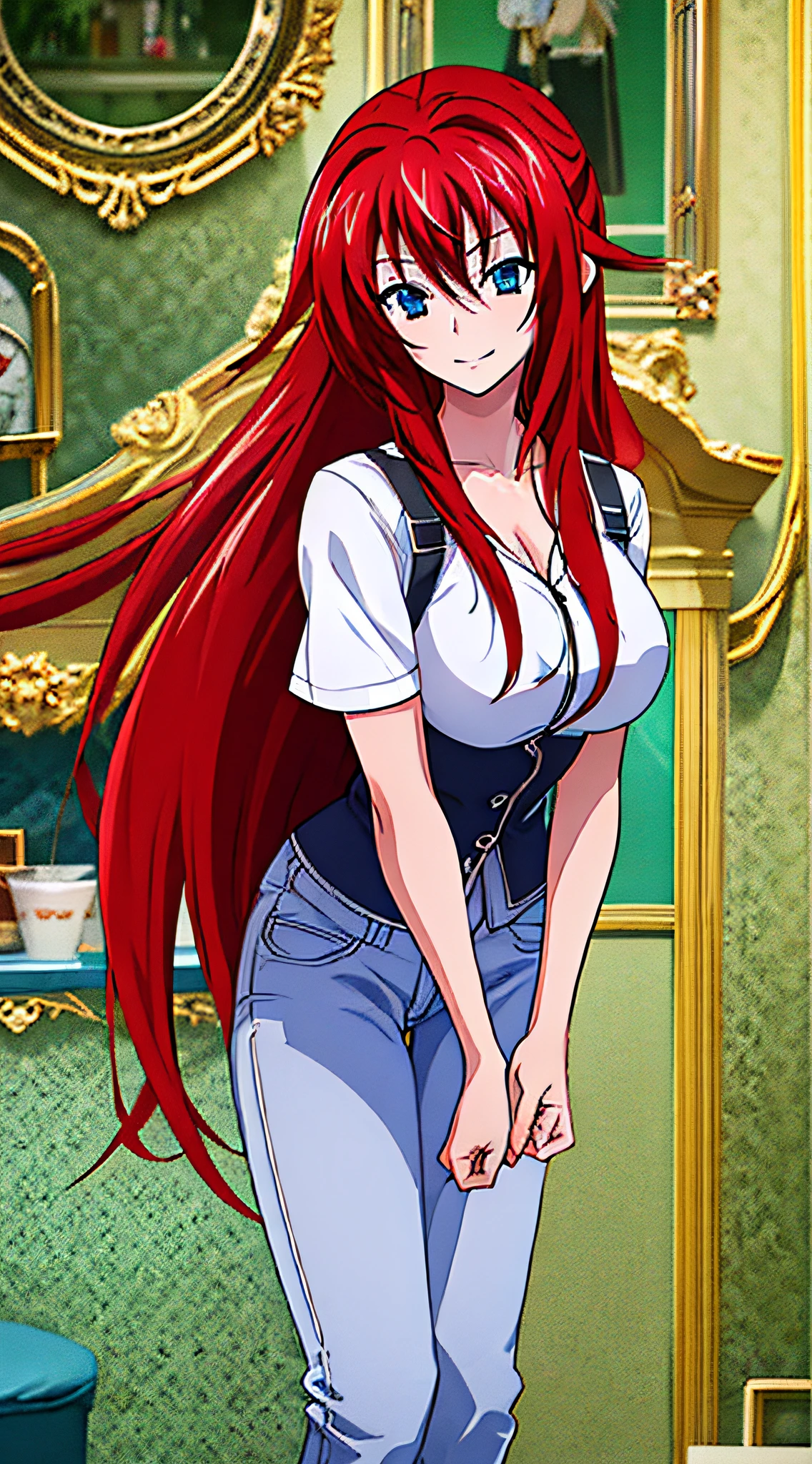 masterpiece, best quality, ultra-detailed, hires, beautiful, detailed hair and eyes, 1girl, red hair, long hair, ahoge,rias gremory dxd, very long hair, blue eyes, large breasts, white shirt write, blue jeans, smile, happy, ((Room background:1.1))