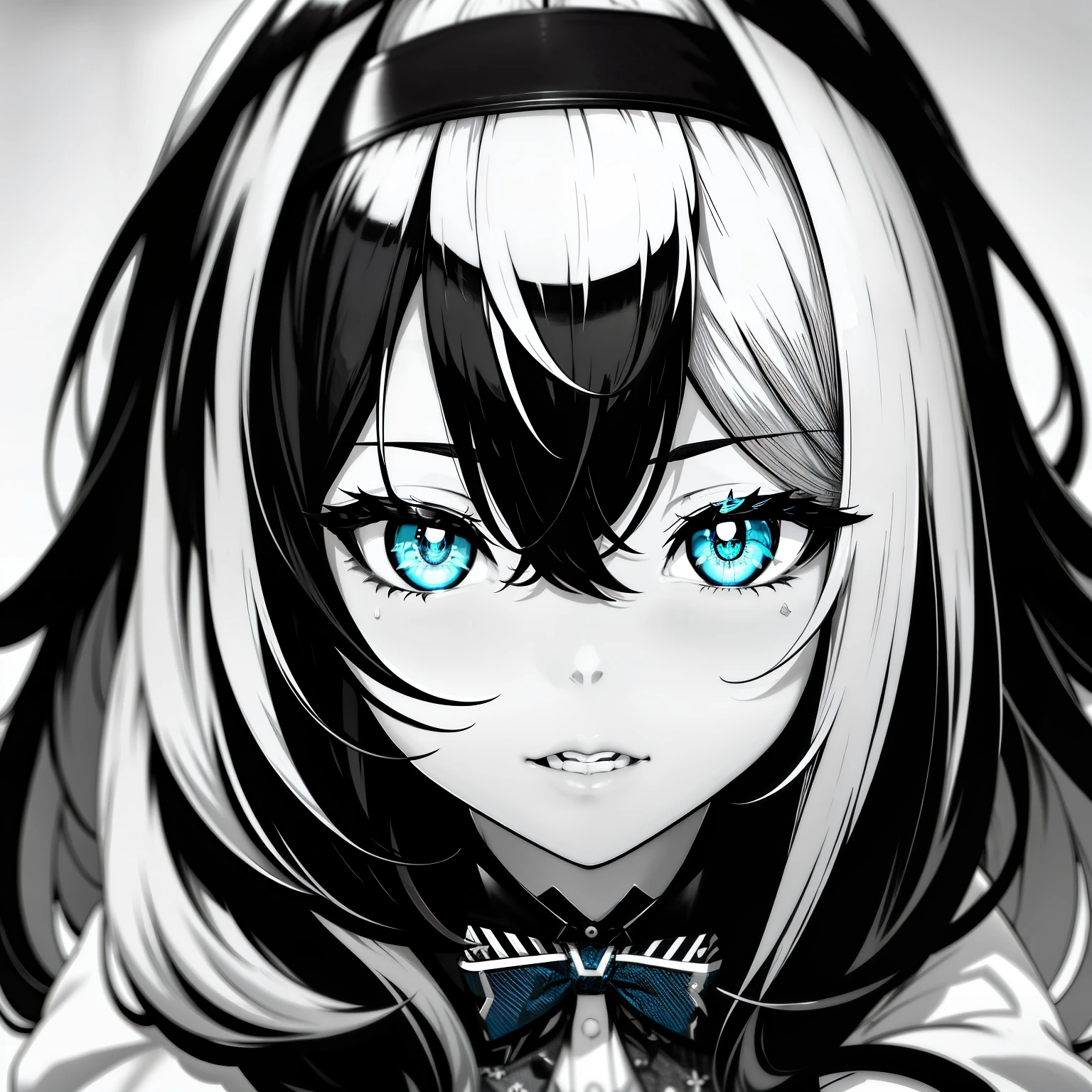 White background, grayscales ,(linear art:1.2), bowtie, black hairband, Black skirt, femme, Collared shirt  ,(Blue eyes:1.2),  sketch, monochromes, BLUE AND BLACK ,Cross-eyed、Stranger、View other people、Ahegao , Silly,Sexual ecstasy,Drunken eyes,Blunt bangs, Black hair, (finely detailed beautiful eye: 1.2), (Detailed background,Dark Fantasy), (beautifull detailed face), High contrast, (Best Illumination, extremely delicate and beautiful), ((Cinematic Light)), Colorful, Hyper Detail, Dramatic light,