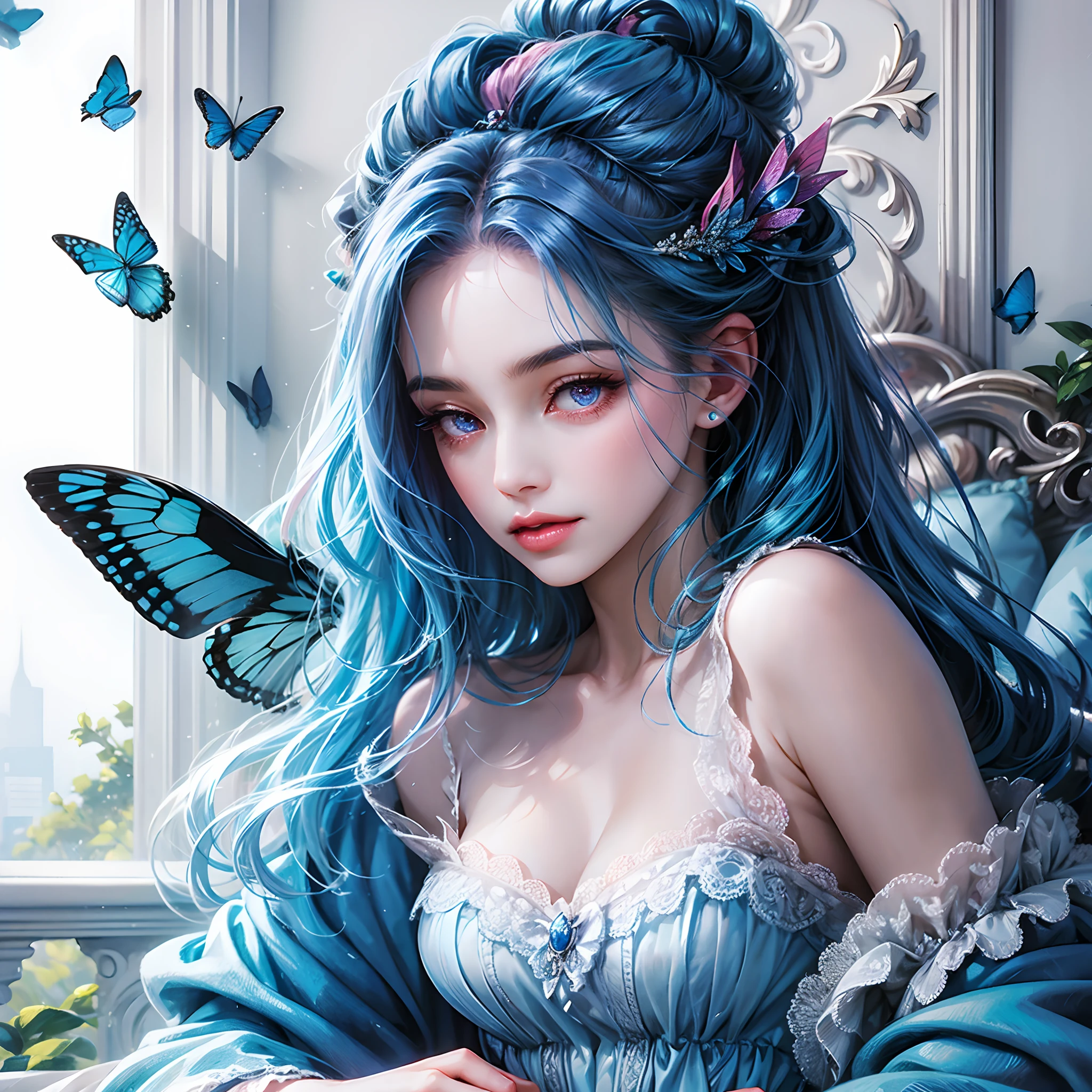 a women, blue butterfly, blue hair, pink eyes, blue dress