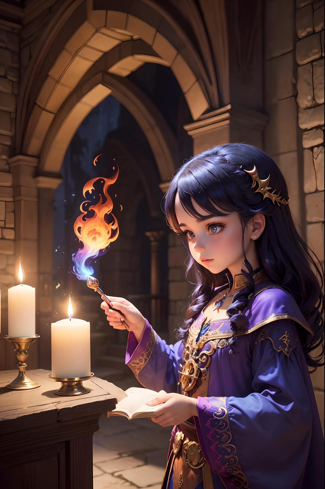 (Alta Fantasia), (Magic in the air), (Obra-Prima: 1.5), Retrato, (Feiticeira Poderosa: 1.3), (Epic costumes: 1.4), (Cabelos Flamejantes: 1.3), Mystical Eyes, (Old castle setting: 1.4), (Candle Lighting and Spells: 1.5), (Cores Encantadoras: 1.4), (magical ambiance), (Fantastic Art Style), (Epic Brushstrokes: 1.4), (Spells and Enchantments: 1.6), (Foco na Magia), (Magical Creature Next Door), (Pergaminhos Antigos: 1.4), (Open Book of Spells), (Magic Wand in Hand: 1.3).
