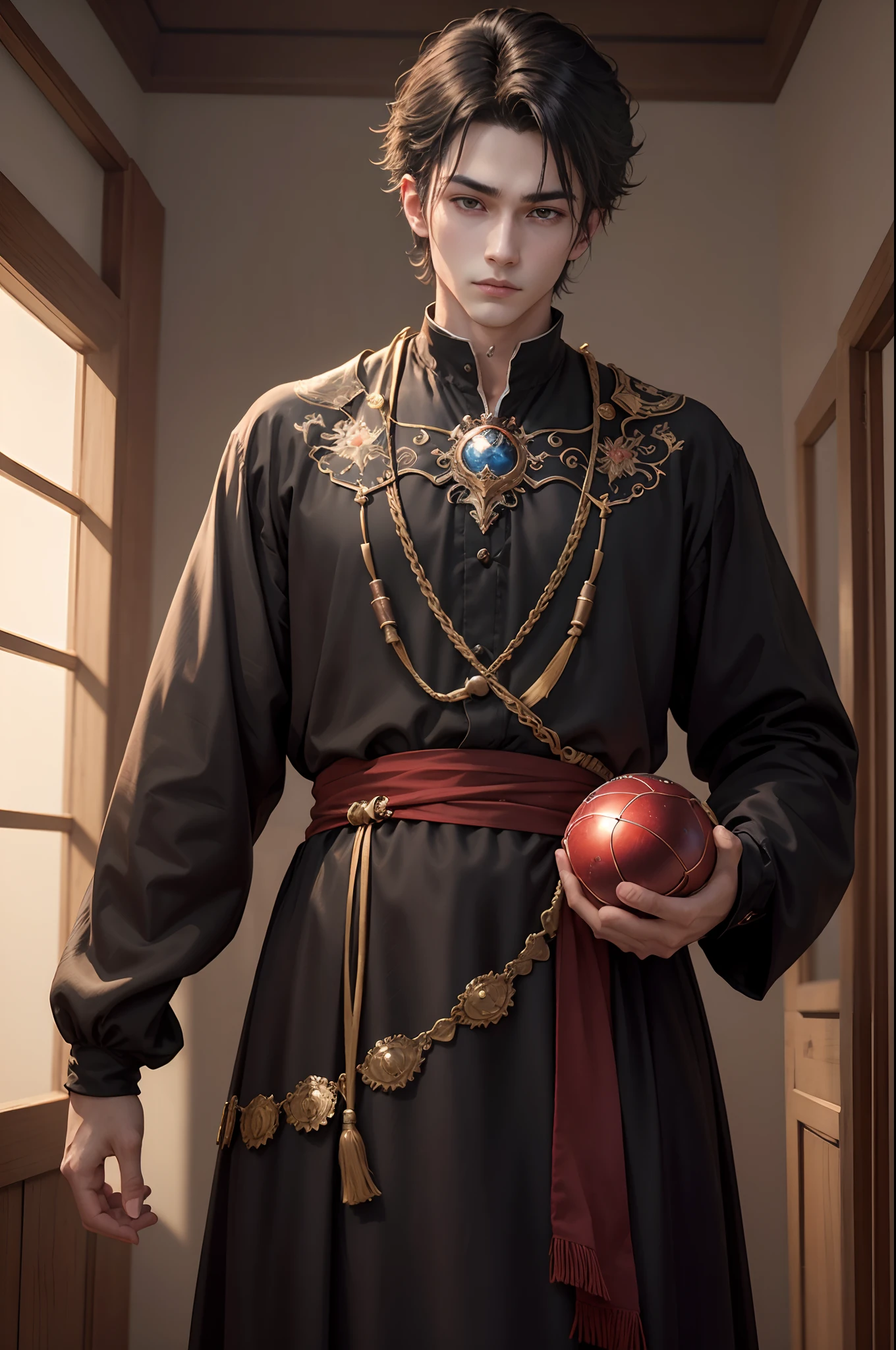 a 20 years-old young man, handsome, ((wearing black noctambulant clothes)), (red silk rope strap to fit the clothes), ((play a small mechanical ball on hands)), (tiring face expression) , (cold eyes' sight),(bright eyes ),gradient eyes, (real and anime style), cinematic lighting, depth of field, depth of field, depth of field, depth of field, depth of field, ray tracing, reflection light, (cowboy shot), masterpiece, high details, high quality, 1080P, HD, best quality, highres, anatomically correct