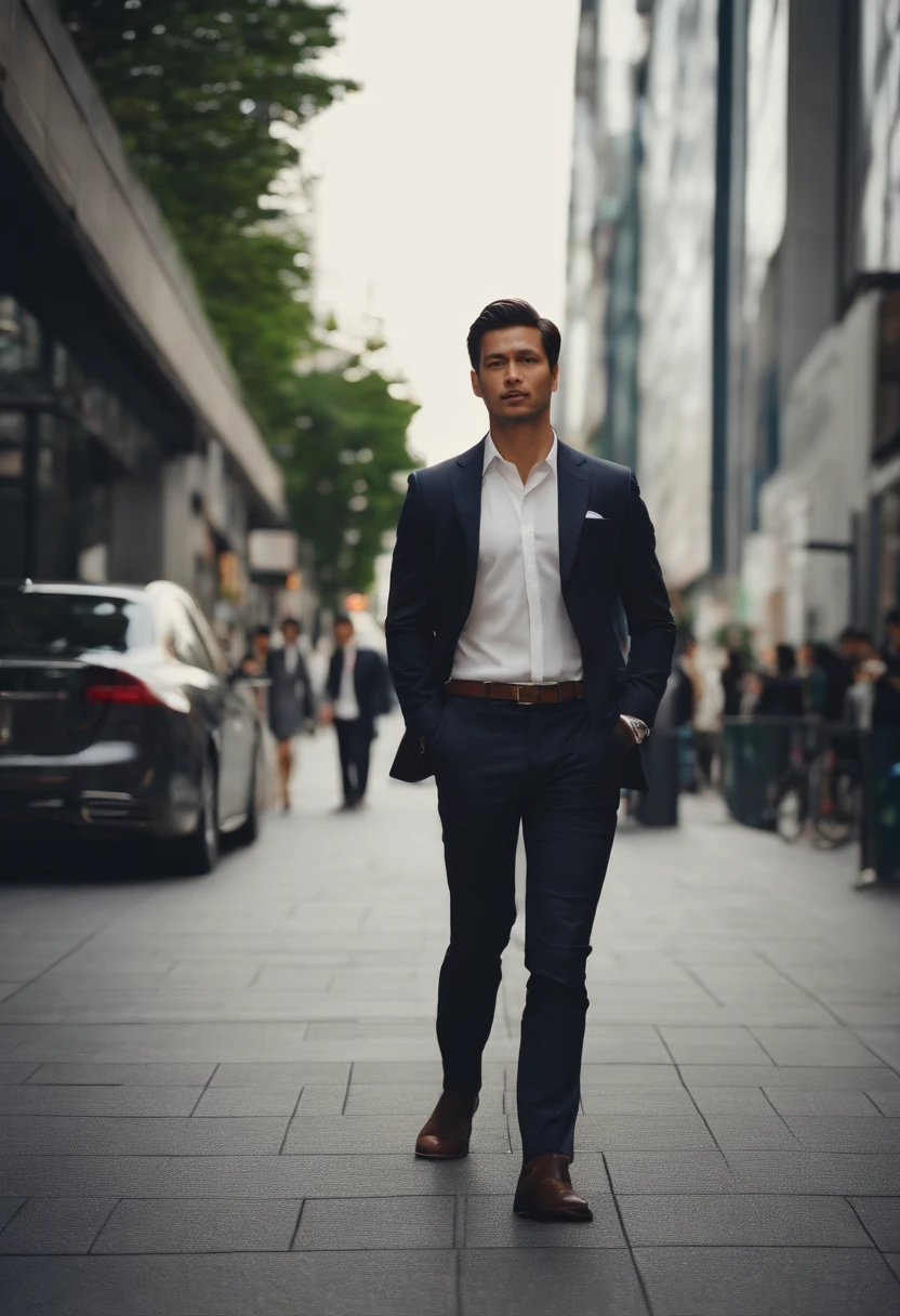 Very handsome man, 29yo, dark brown hair, Wear a suit, Consultation, Standing and looking at beautiful young Japan woman, Wearing executive clothes on the sidewalk of a big city, realphoto