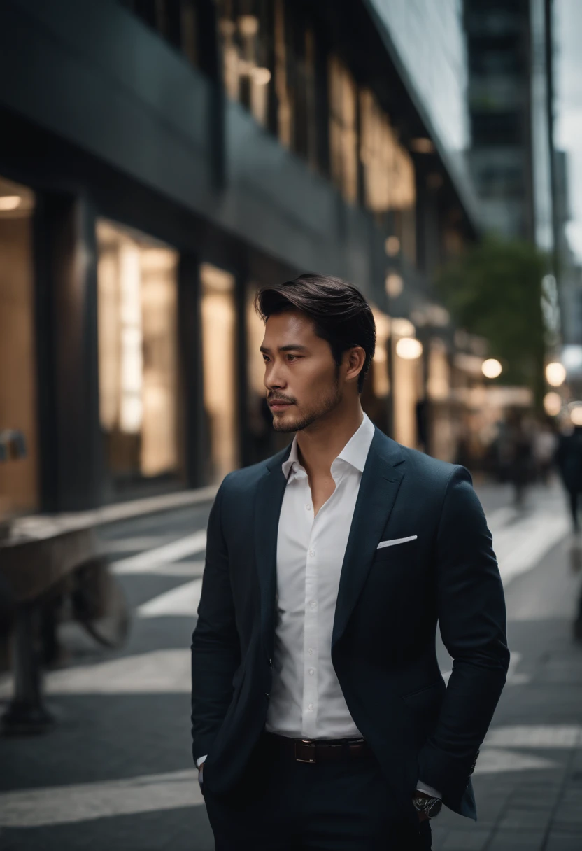 Very handsome man, 29yo, dark brown hair, Wear a suit, Consultation, Standing and looking at beautiful young Japan woman, Wearing executive clothes on the sidewalk of a big city, realphoto