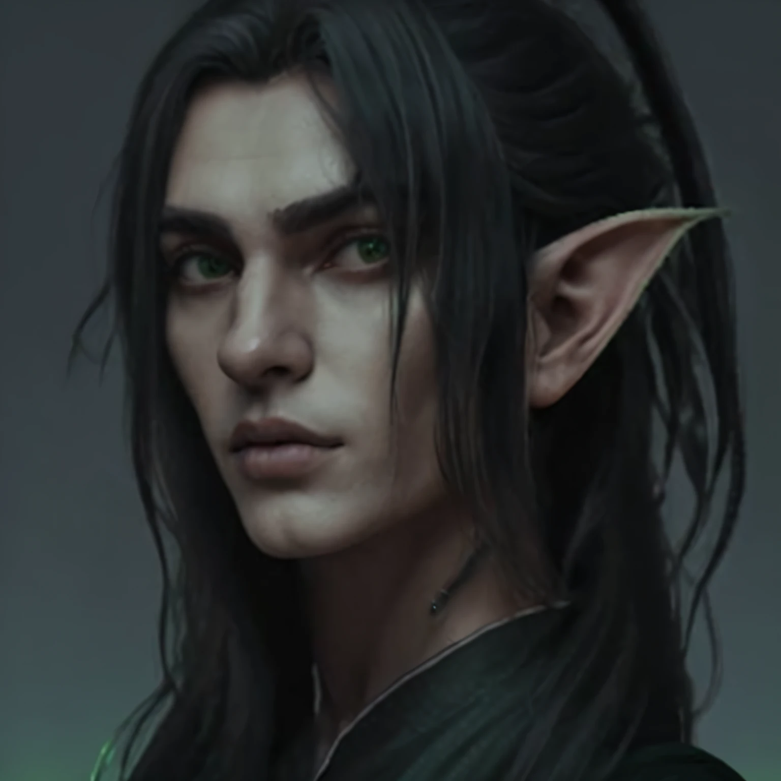 Retrato, preto, branco e verde, homem elfo, alto, longos cabelos pretos, roupas pretas detalhes verde, serious look, pose, {{uma pessoa}}, The background is dark and empty, {{longos cabelos pretos}}