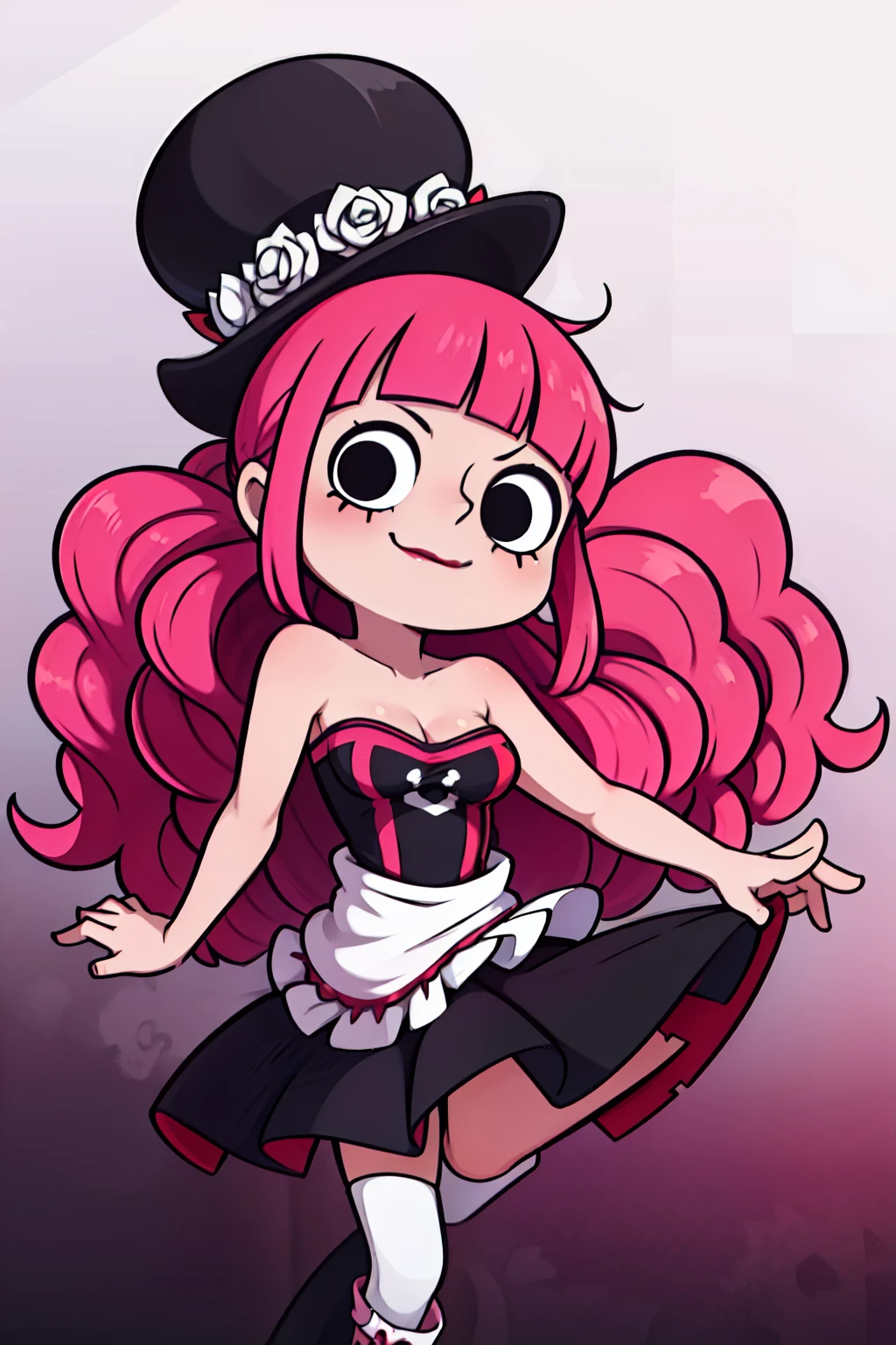 Perona, 1girl, pink hair, black eyes, blunt bangs, drill hair, red lipstick, long pink hair, curly hair, blunt bangs, red lipstick, black top hat with white roses, black and white strapless dress, frilly dress, (white and black striped stockings), red boots, perfect anatomy, solo