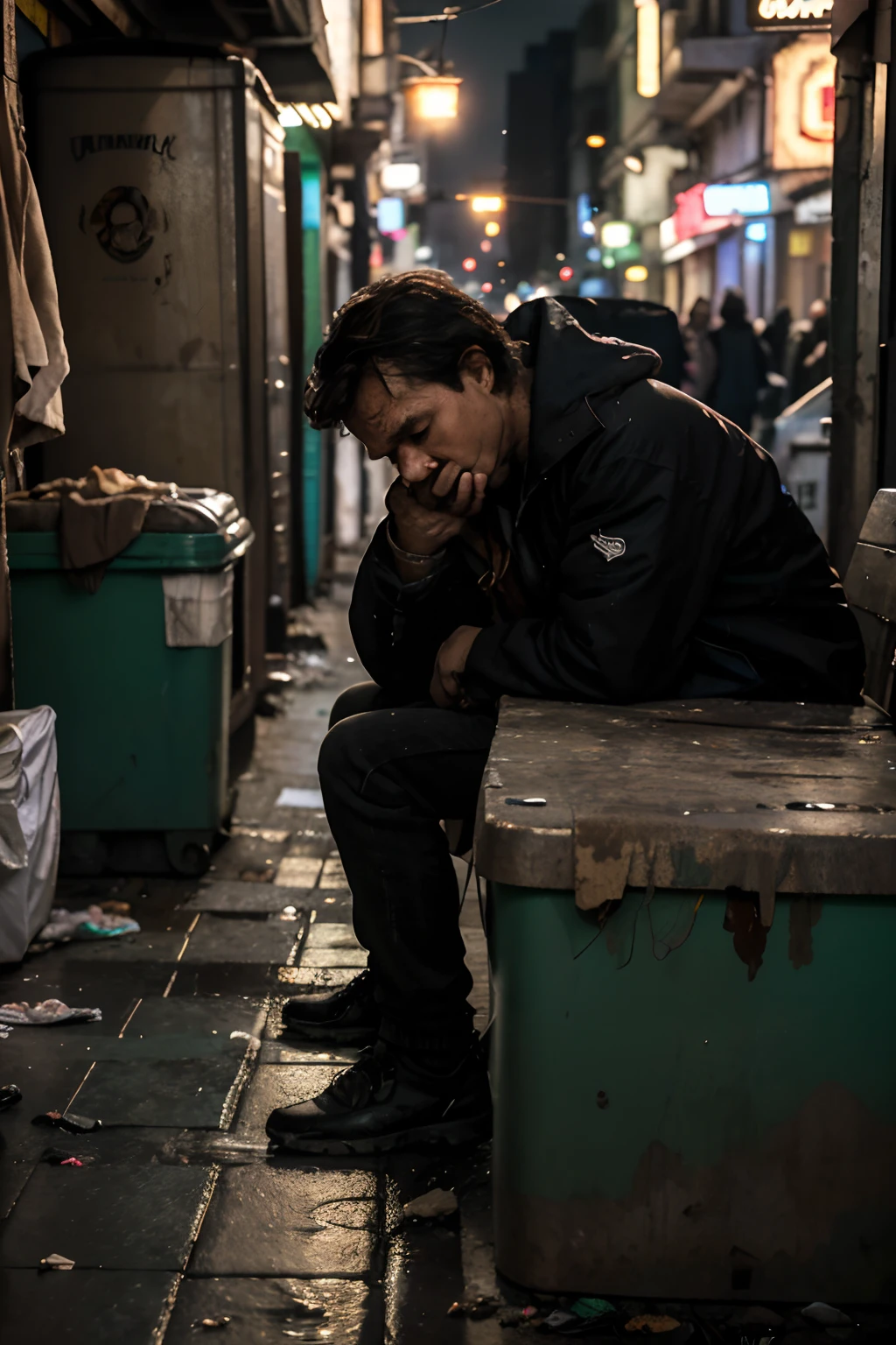 (best quality,4k,8k,high resolution,masterpiece:1.2),ultra-detailed,(realistic,photorealistic,photorealistic:1.37),lonely man,city streets,dark alley,empty cardboard boxes,cold weather,rainy night , sad expression, ragged clothes, trembling from the cold, desperation in the eyes, backpack with all his belongings, unshaven face, dirty hands, extreme poverty, abandoned buildings, crowded and noisy city, brightly lit neon signs, people passes without realizing it, looking for food in garbage cans, despair and despair, contrast between wealth and poverty, social inequality, invisible in society, sleeping on a bench, covered with cardboard, waiting for a ray of light.