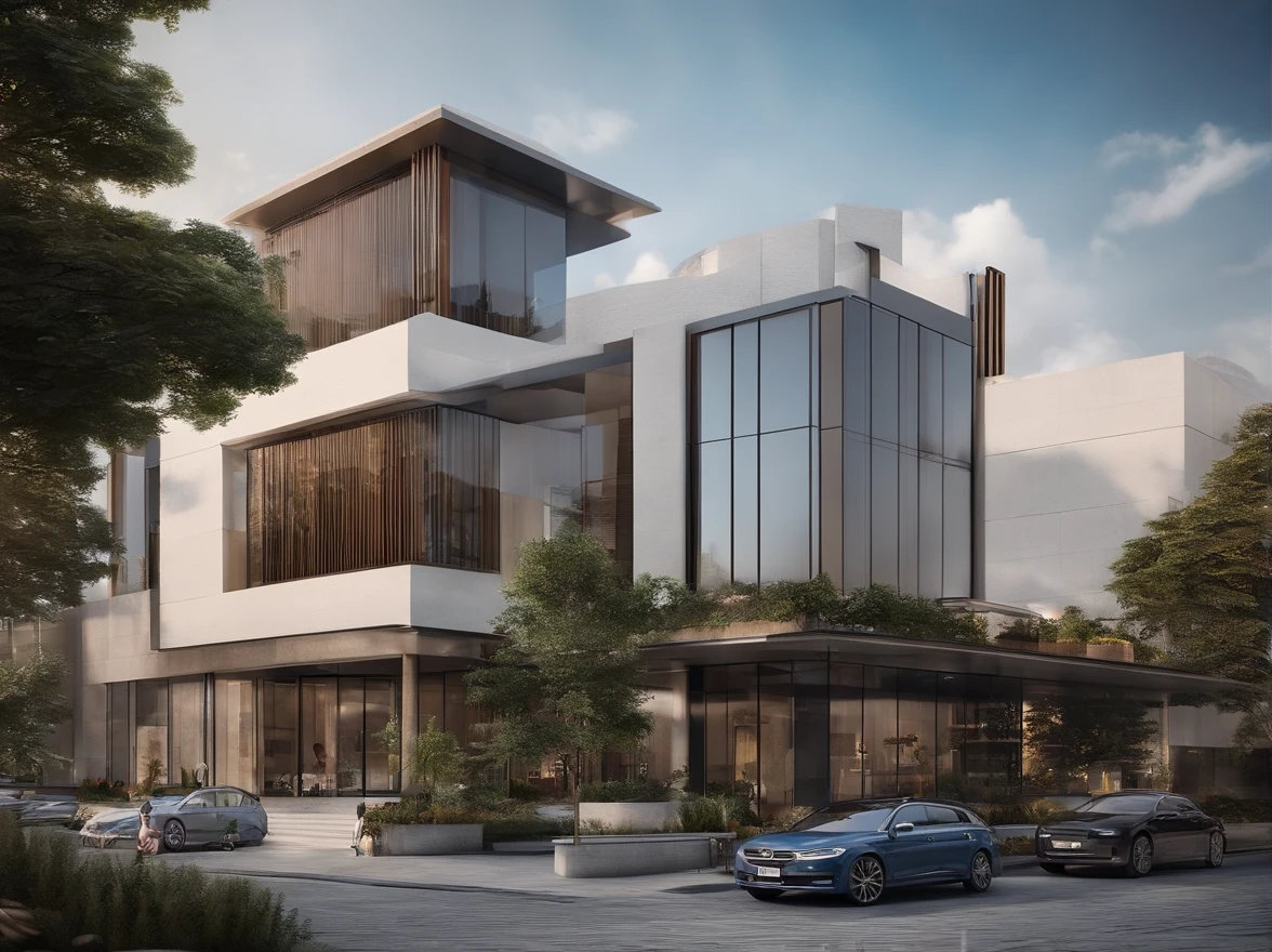 A double-storey commercial building located in China,Fully realistic photography photo style,Simulating sunny days,Precise light and shadow, but the building is not reflective,The building is located in the center of the image,There needs to be blue skies and white clouds,The light and shadow are bright,Sunny summer,Fully simulate realistic environments and styles