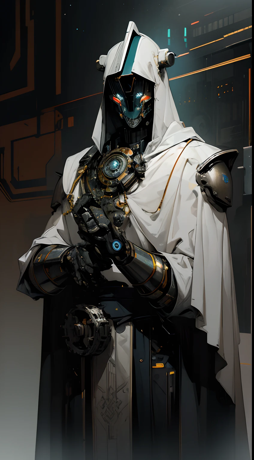 robot, cyborg,((The face is in style of an Exo from Destiny)),Shiny metal skin,Mechanical body parts,Mechanical gears and gears, (devoid of mouth), [Meticulous, Surgical precision],church style background,Science fiction art style,Vibrant colors,High-res,Ultra-detailed,Realistic lighting effects,Bokeh, wearing white robes and cloak, divine pose, two bright eyes,