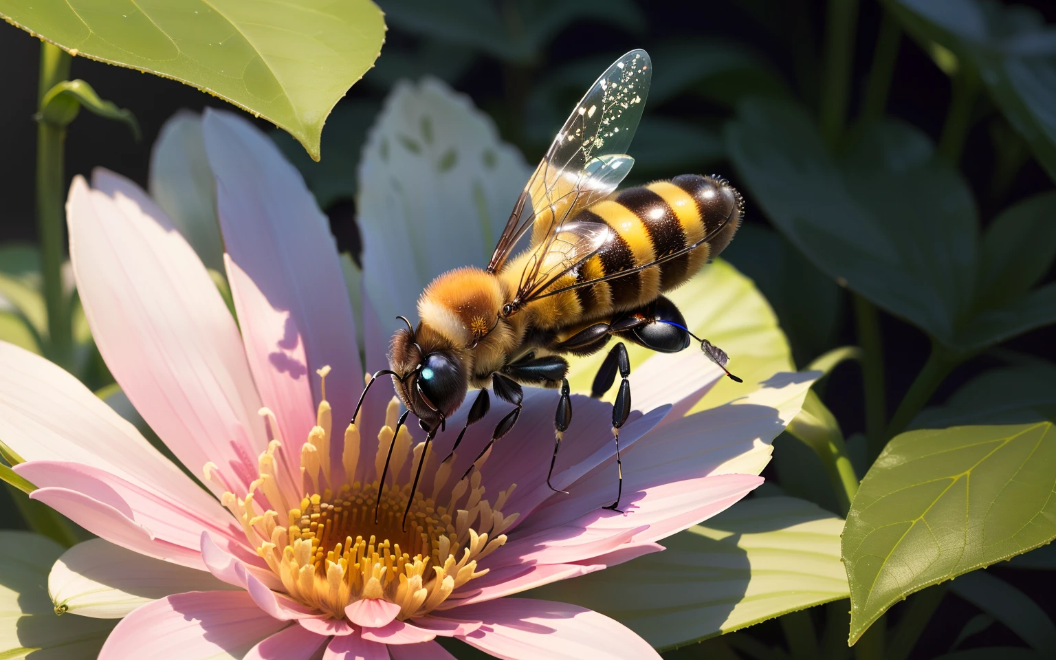 A bee collecting nectar from a flower, e cima dela chove gotas vermelhas, On the right side of the photo there is a vial of poison spilling on the ground