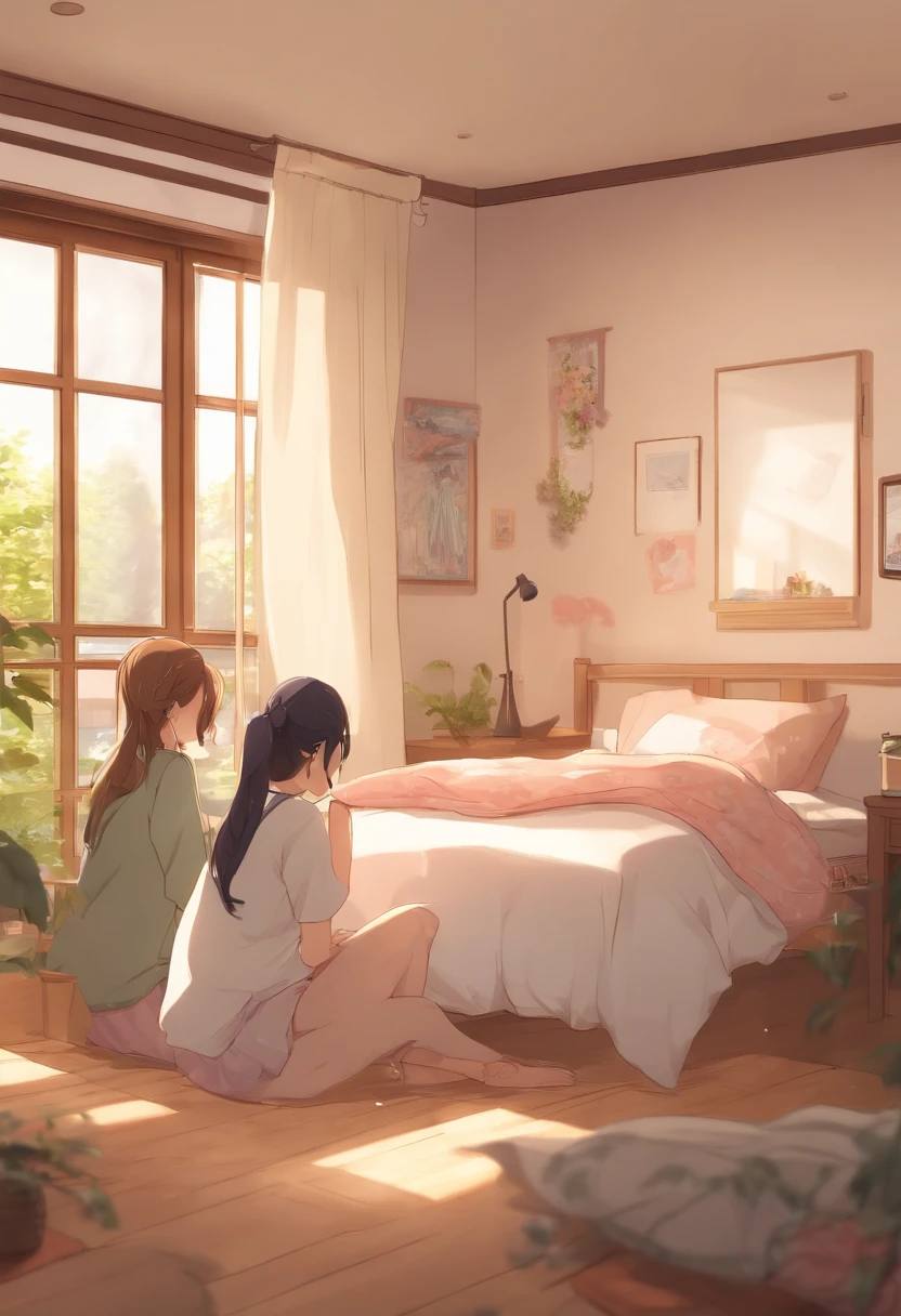 Absurd resolution, high resolution, (masterpiece: 1.4), super detailed, (((detailed face, detailed expression)), two girls, girl and girl, friends, best friends, classmates, relaxing, ponytail, bob, sitting on bed, sitting on the floor, two people conversing, background in room, friends, best friend, home, 1K, small room, curtains, bed, TV, desk, room wear, kyoto animation, The atmosphere of Kyoto Animation, (tearful)