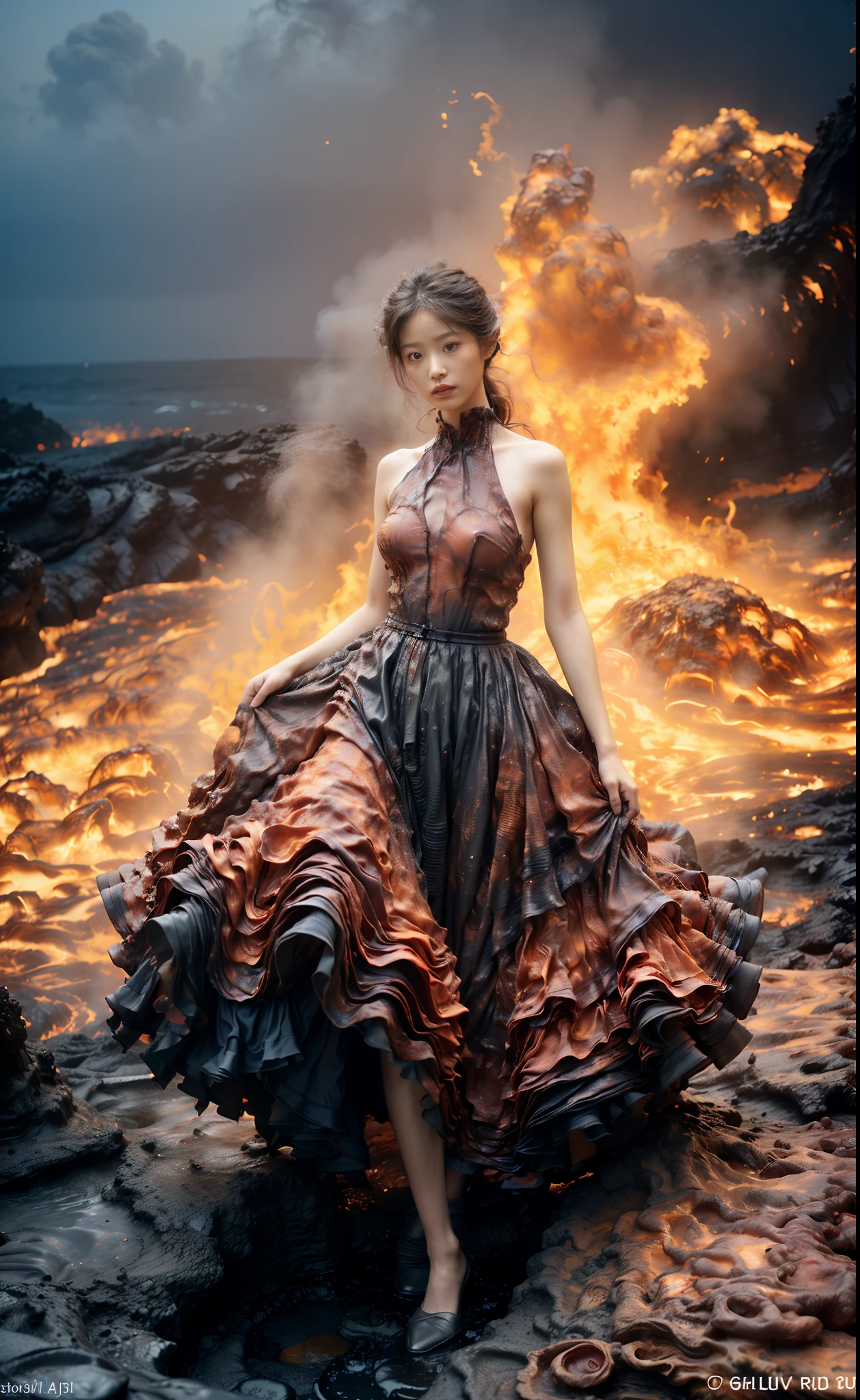 (8K, RAW photo, Best quality,Masterpiece:1.2),(Realistic, photo-realistic:1.37), 1girll,Long legs, full bodyesbian,(molten lava:1.3),Ocean,Dress made of roses，a volcano erupts，Magma flow，Infrared photography, 1.4x realism，UHD，textured skin，(anatomy correct，Accurate and perfect Korean female face，Golden ratio)