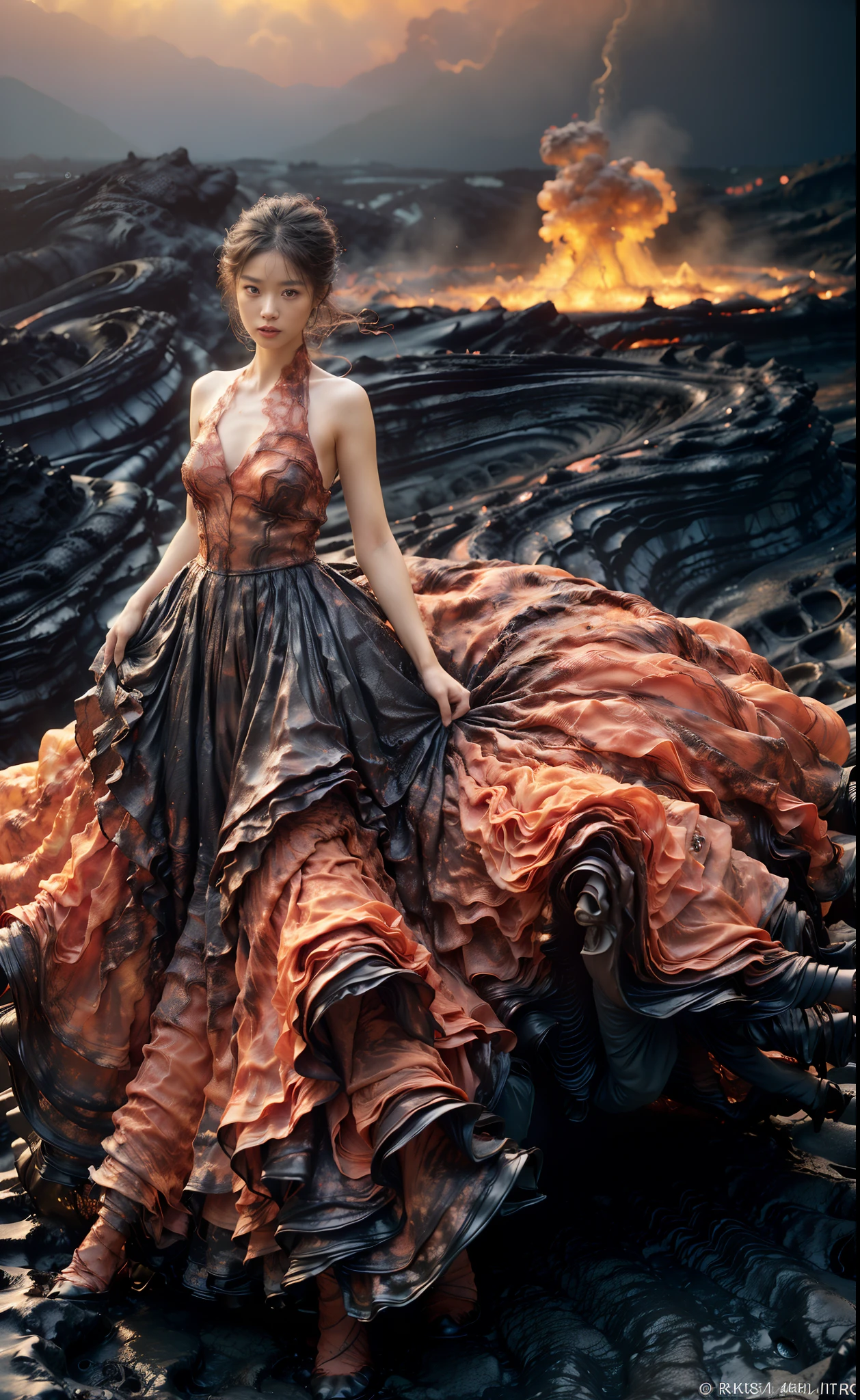 (8K, RAW photo, Best quality,Masterpiece:1.2),(Realistic, photo-realistic:1.37), 1girll,Long legs, full bodyesbian,(molten lava:1.3),Ocean,Dress made of roses，a volcano erupts，Magma flow，Infrared photography, 1.4x realism，UHD，textured skin，(anatomy correct，Accurate and perfect Korean female face，Golden ratio)