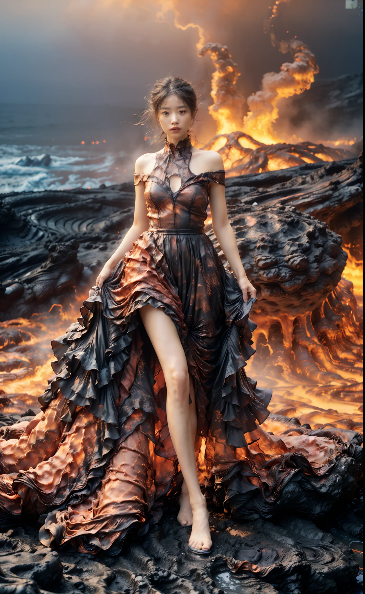 (8K, RAW photo, Best quality,Masterpiece:1.2),(Realistic, photo-realistic:1.37), 1girll,Long legs, full bodyesbian,(molten lava:1.3),Ocean,Dress made of roses，a volcano erupts，Magma flow，Infrared photography, 1.4x realism，UHD，textured skin，(anatomy correct，Accurate and perfect Korean female face，Golden ratio)