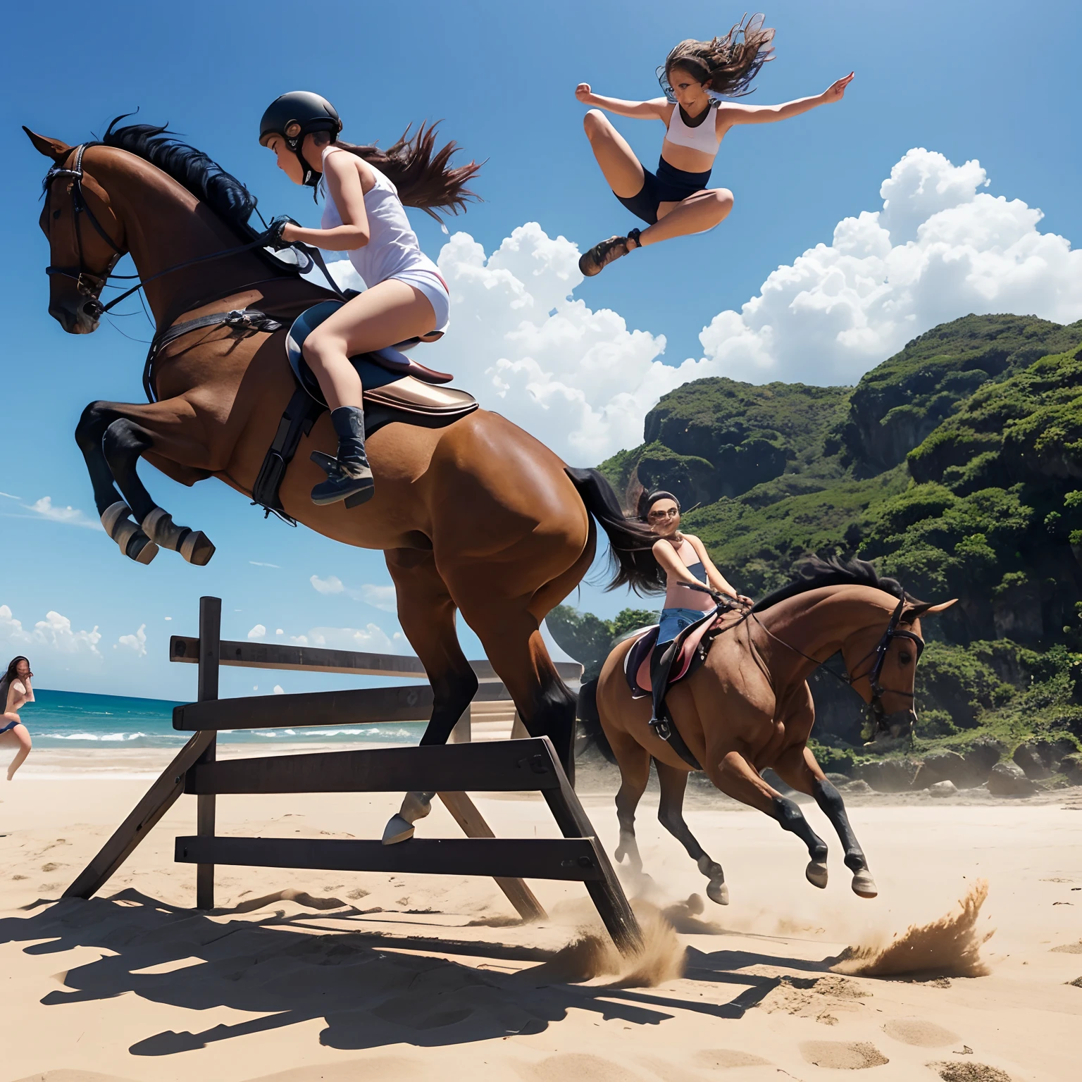 Uma menina da cabelos cacheados montando um cavalo bege. They're jumping over an obstacle on a beach